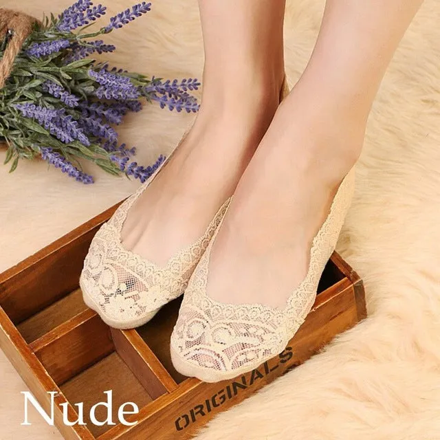 1 Pair of 2017 Hot Summer Women Girls Cotton Lace Antiskid Invisible Liner No Show Peds Low Cut Socks Black/Skin Sock Slippers