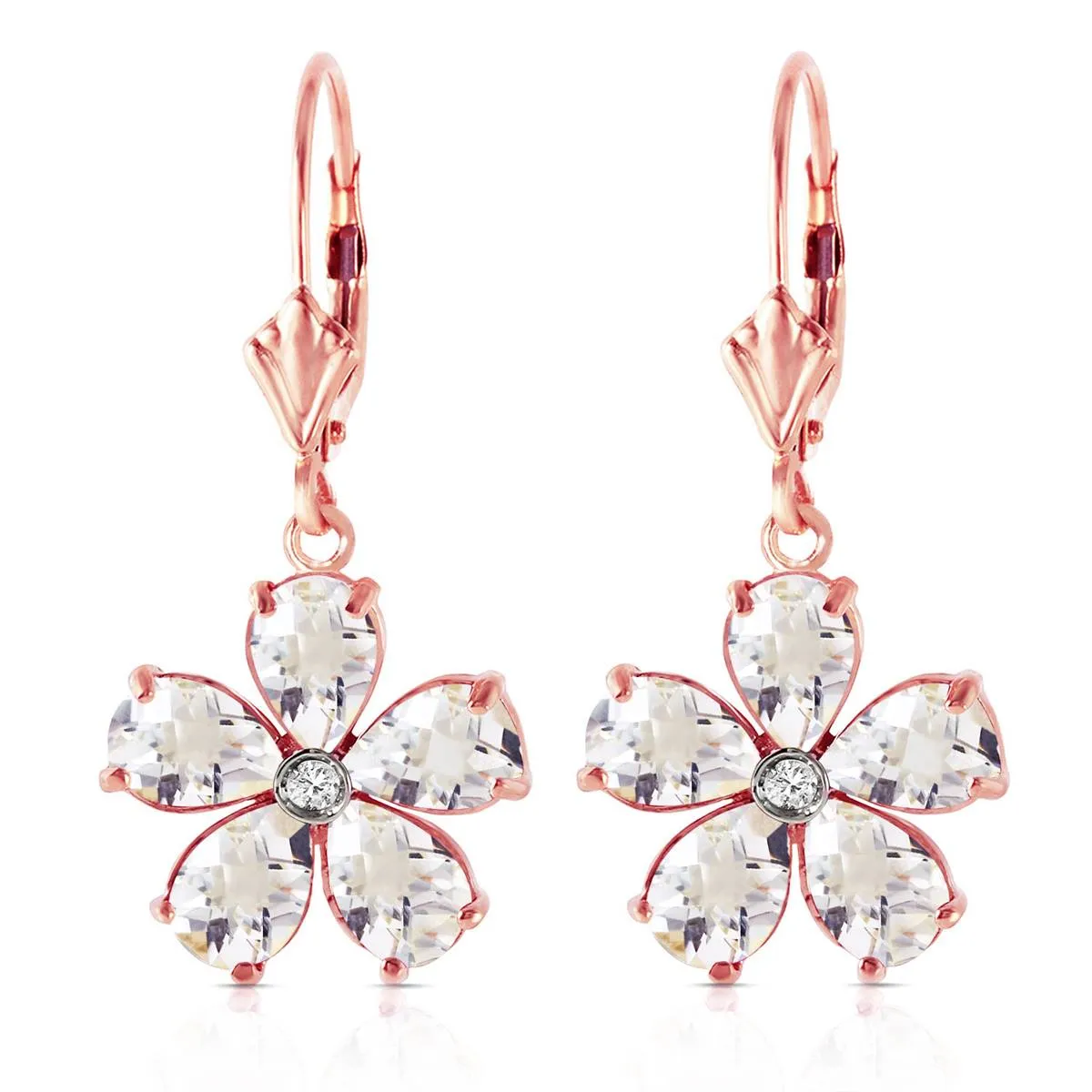 14K Solid Rose Gold Leverback Earrings w/ Rose Topaz & Diamond