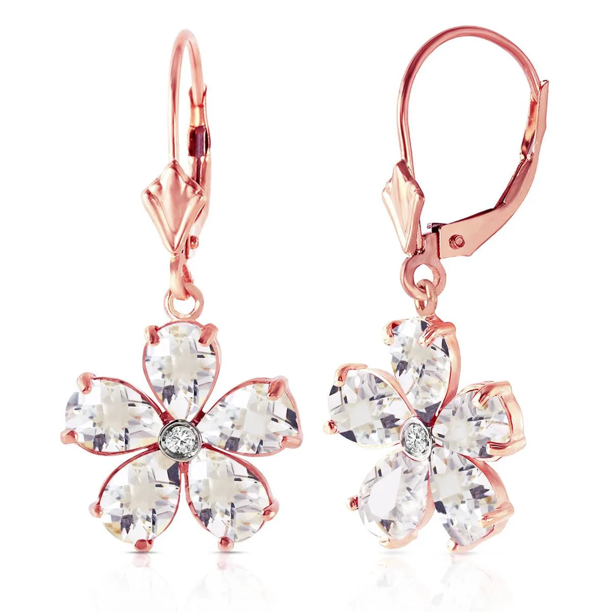14K Solid Rose Gold Leverback Earrings w/ Rose Topaz & Diamond