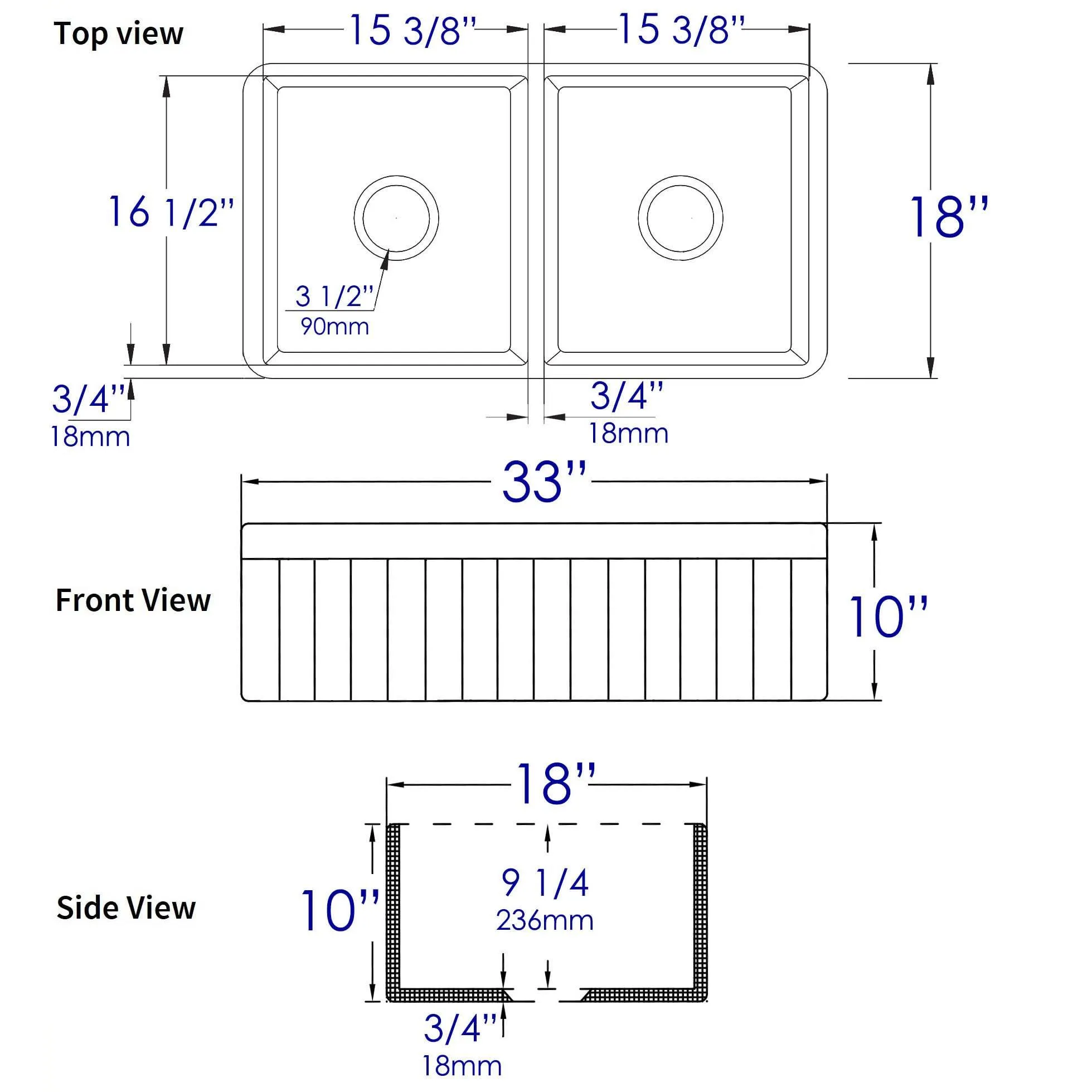 ALFI Brand ABF3318D-BM Black Matte Smooth Apron 33" x 18" Double Bowl Fireclay Farm Sink