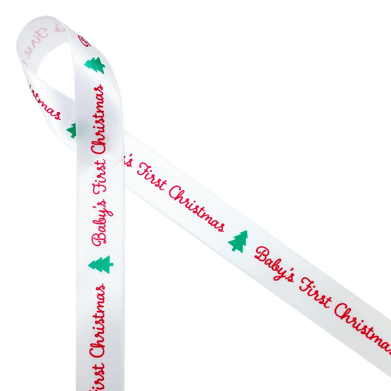 Baby's First Christmas Ribbon in red with a green Christmas tree printed on 7/8" white single face satin