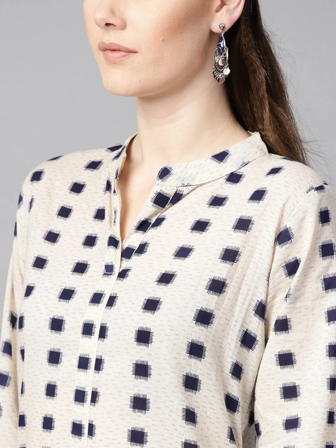 Beige Geometric Printed Cotton Straight Kurta
