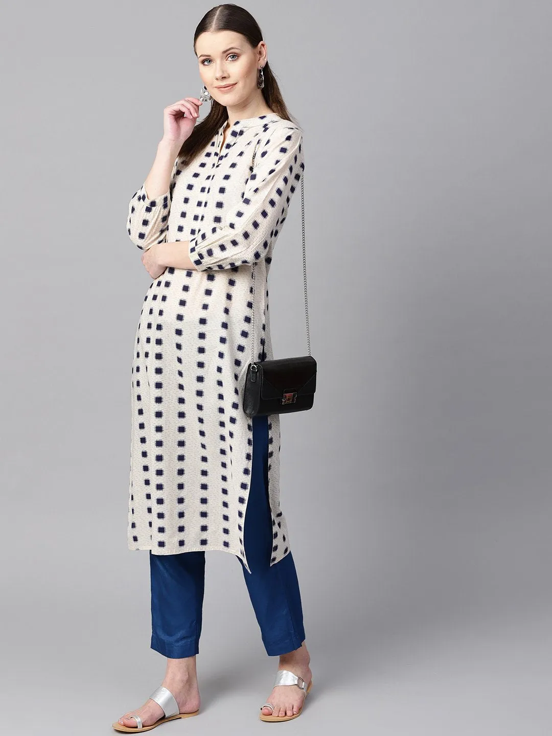 Beige Geometric Printed Cotton Straight Kurta