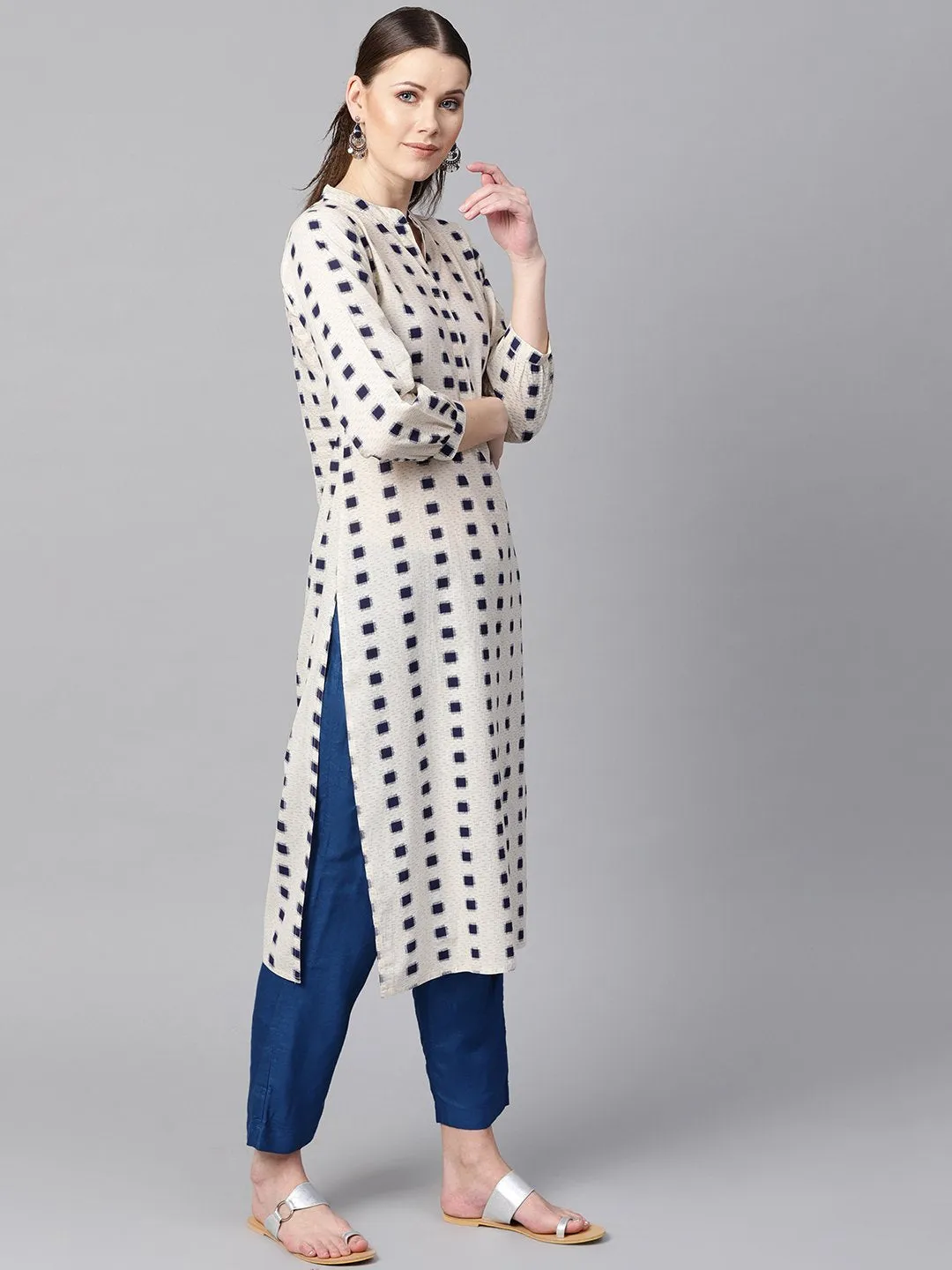 Beige Geometric Printed Cotton Straight Kurta