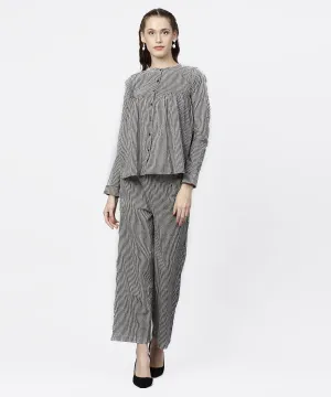 Black Striped Full Sleeve A-Line Top With Regular Fit Palazzo Set