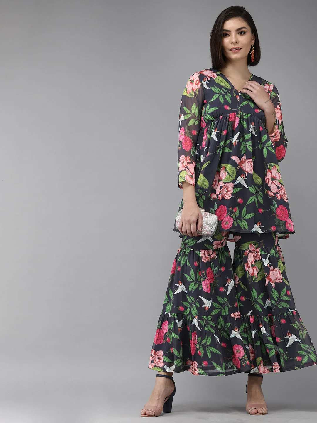Blue Floral Printed Kurti with Sharara