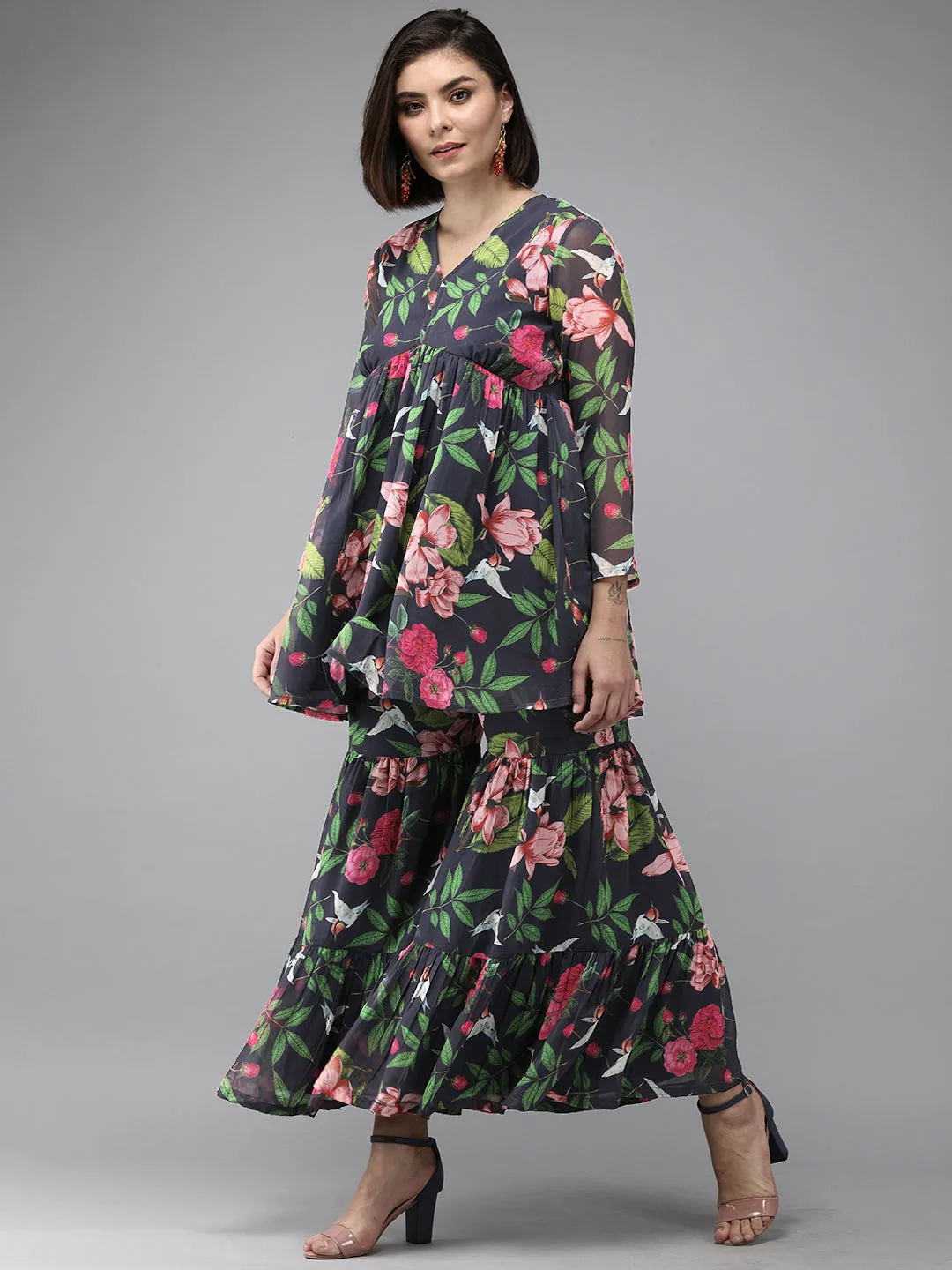 Blue Floral Printed Kurti with Sharara
