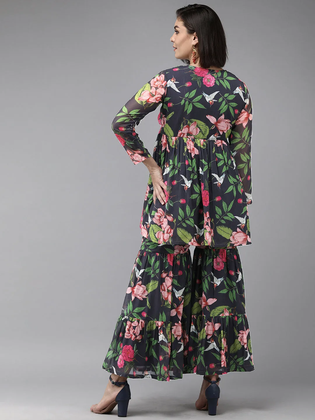 Blue Floral Printed Kurti with Sharara