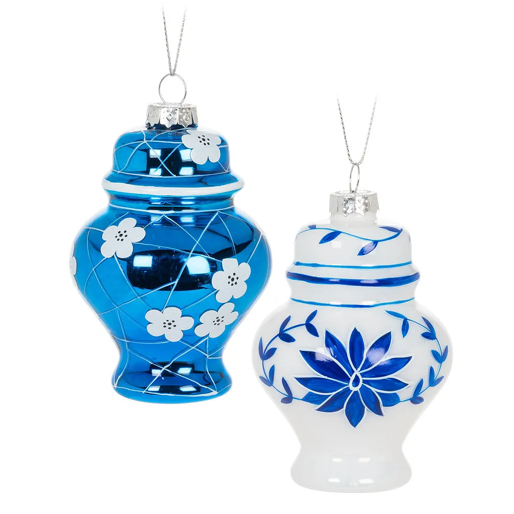 Blue with White Flowers Ginger Jar Glass Ornament