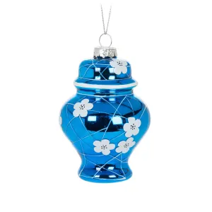 Blue with White Flowers Ginger Jar Glass Ornament