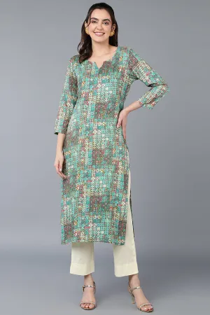 Cotton Blend Green Printed Straight Kurta