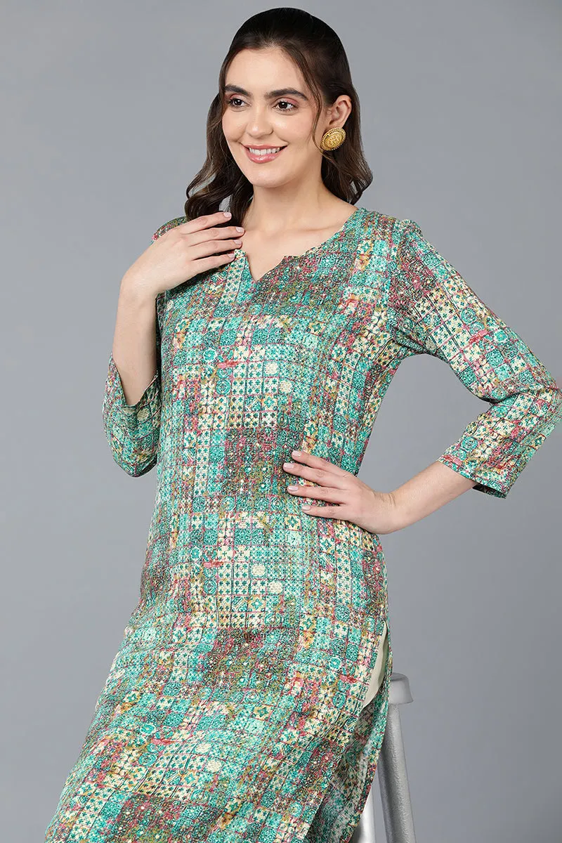 Cotton Blend Green Printed Straight Kurta