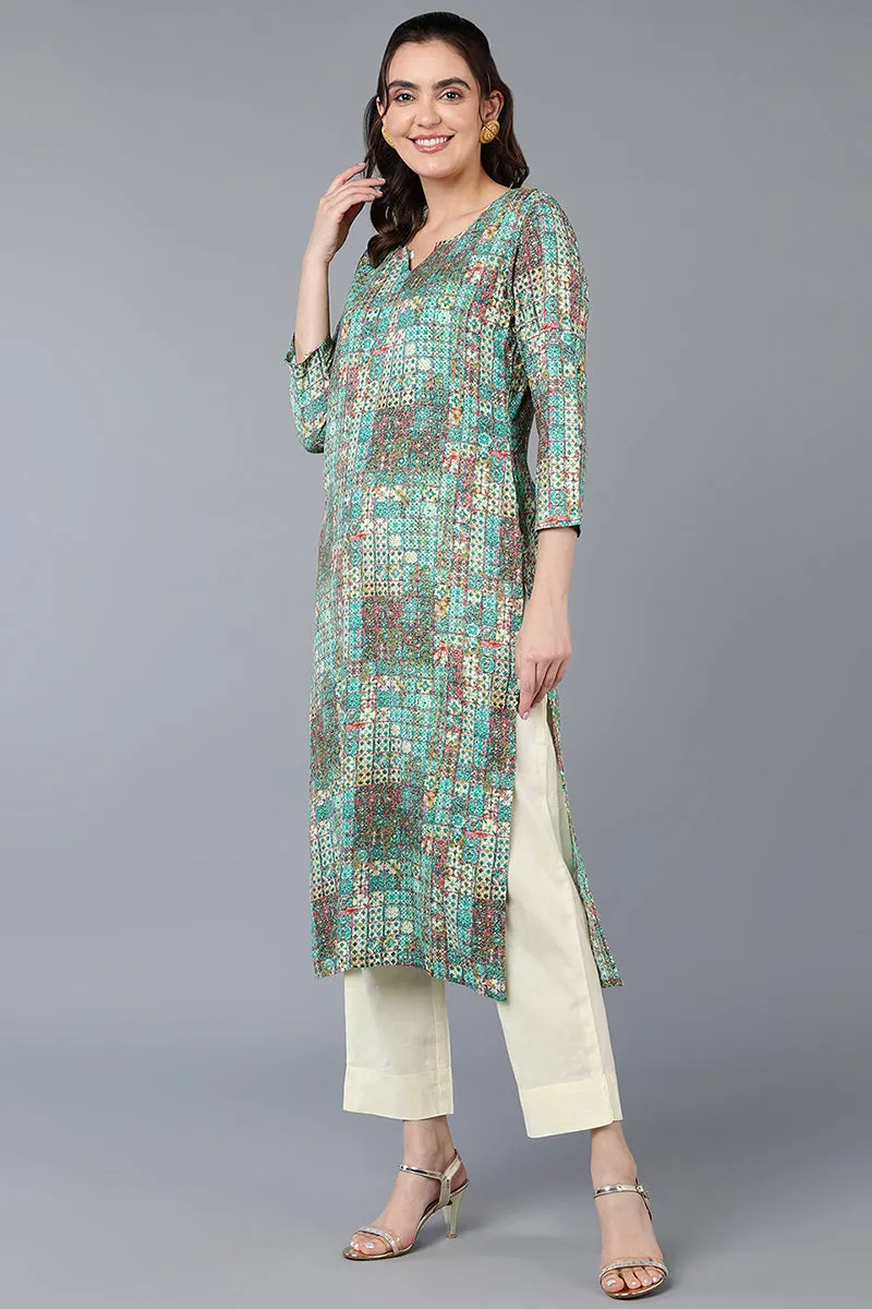 Cotton Blend Green Printed Straight Kurta