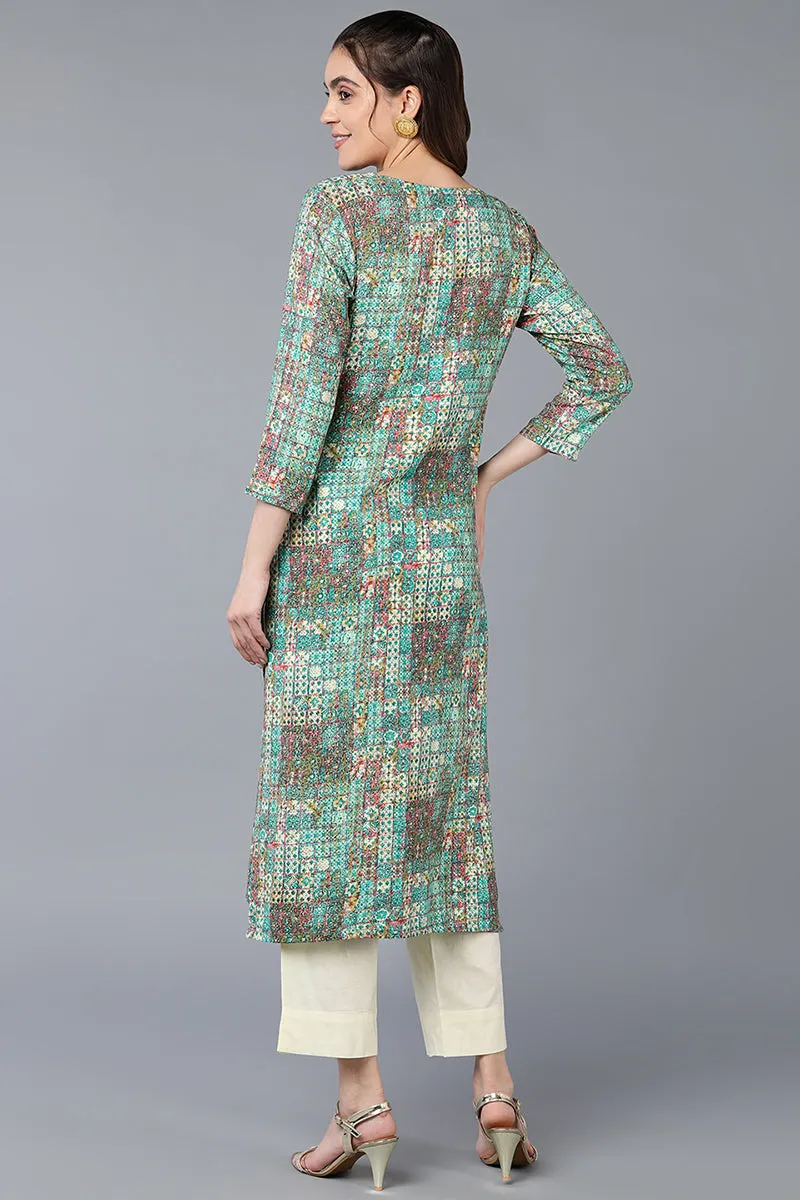 Cotton Blend Green Printed Straight Kurta