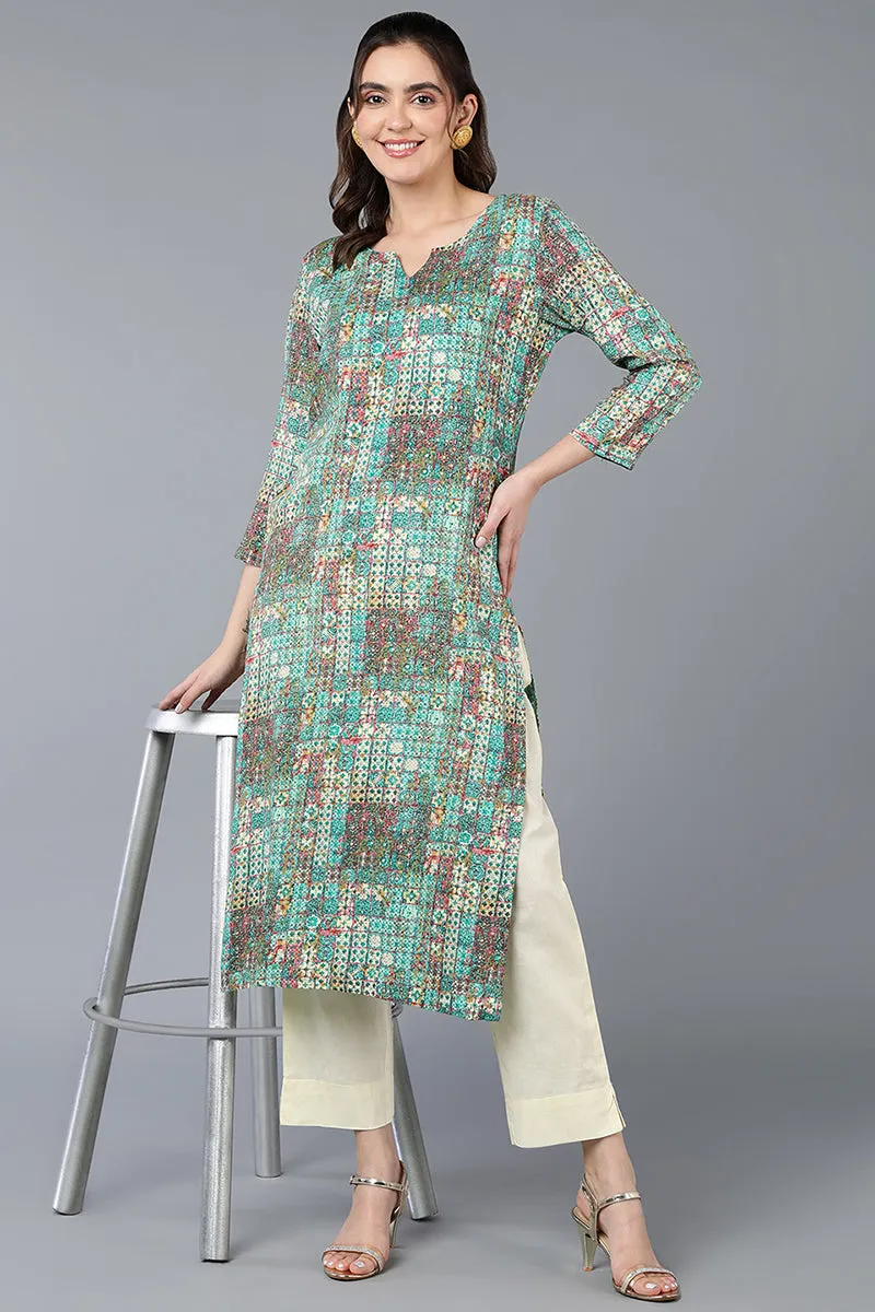 Cotton Blend Green Printed Straight Kurta