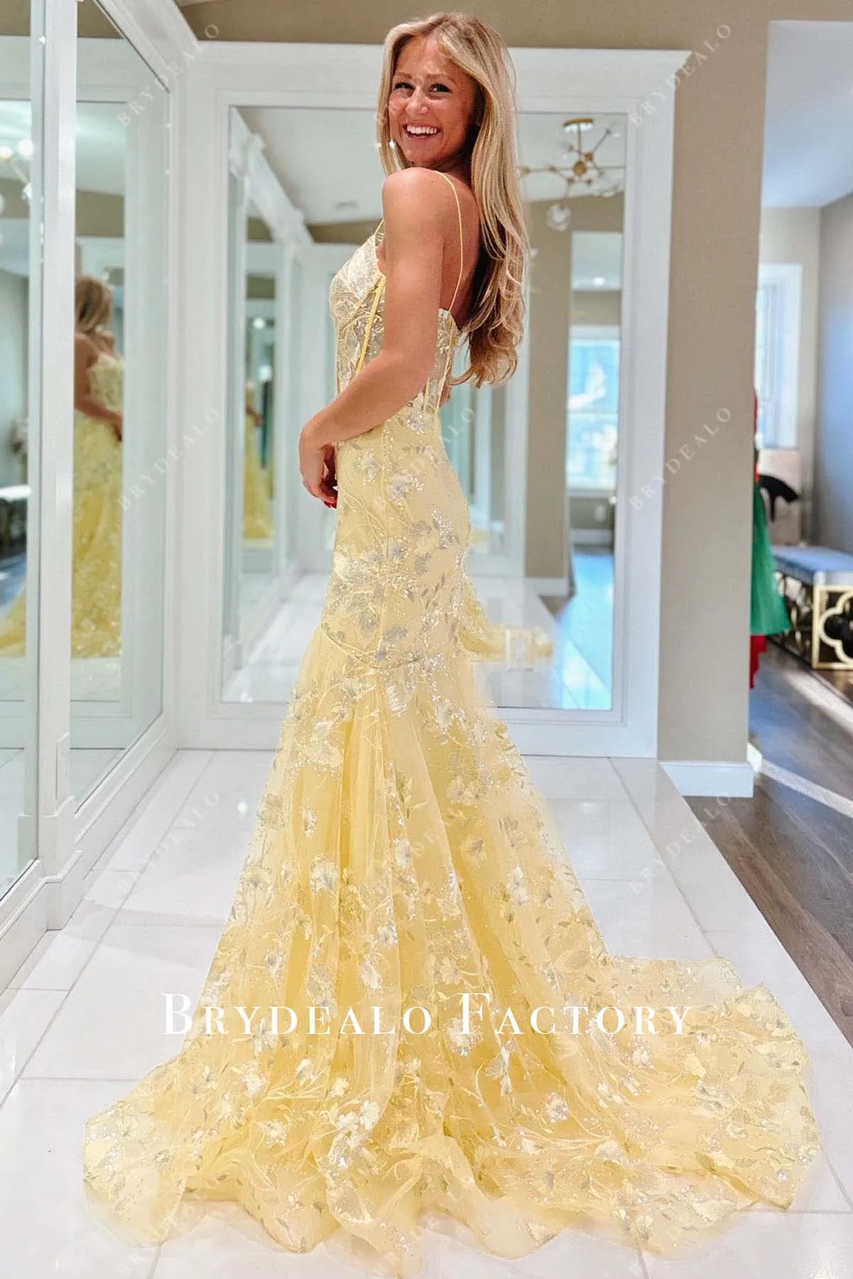 Daffodil Lace Thin Straps Corset Trumpet Prom Dress
