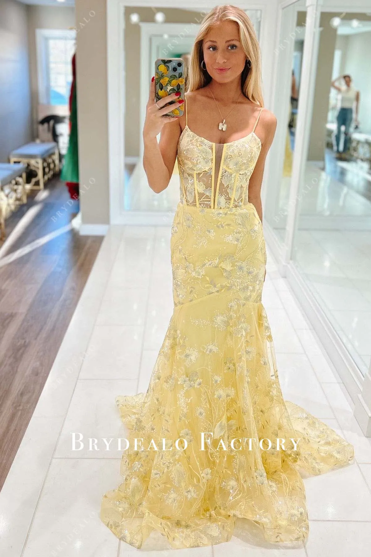 Daffodil Lace Thin Straps Corset Trumpet Prom Dress