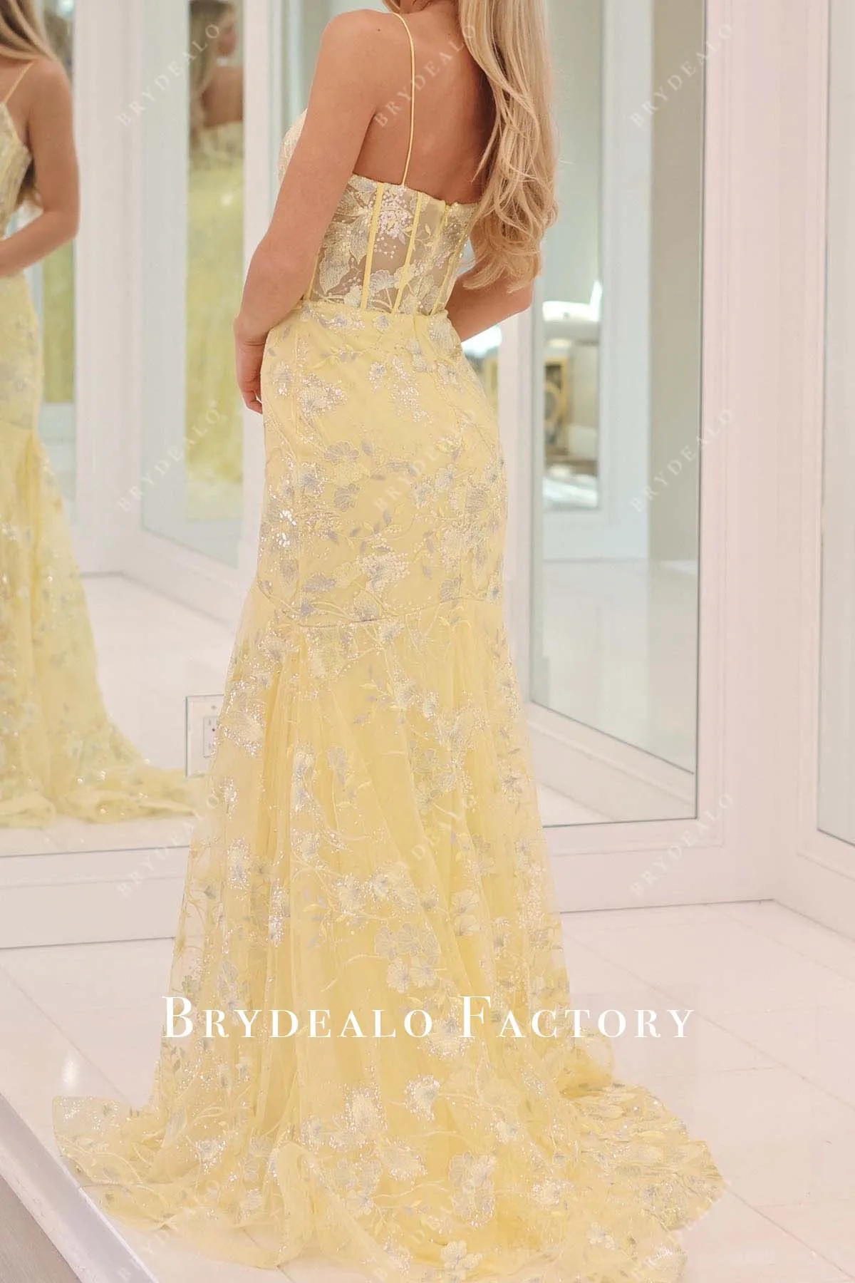 Daffodil Lace Thin Straps Corset Trumpet Prom Dress
