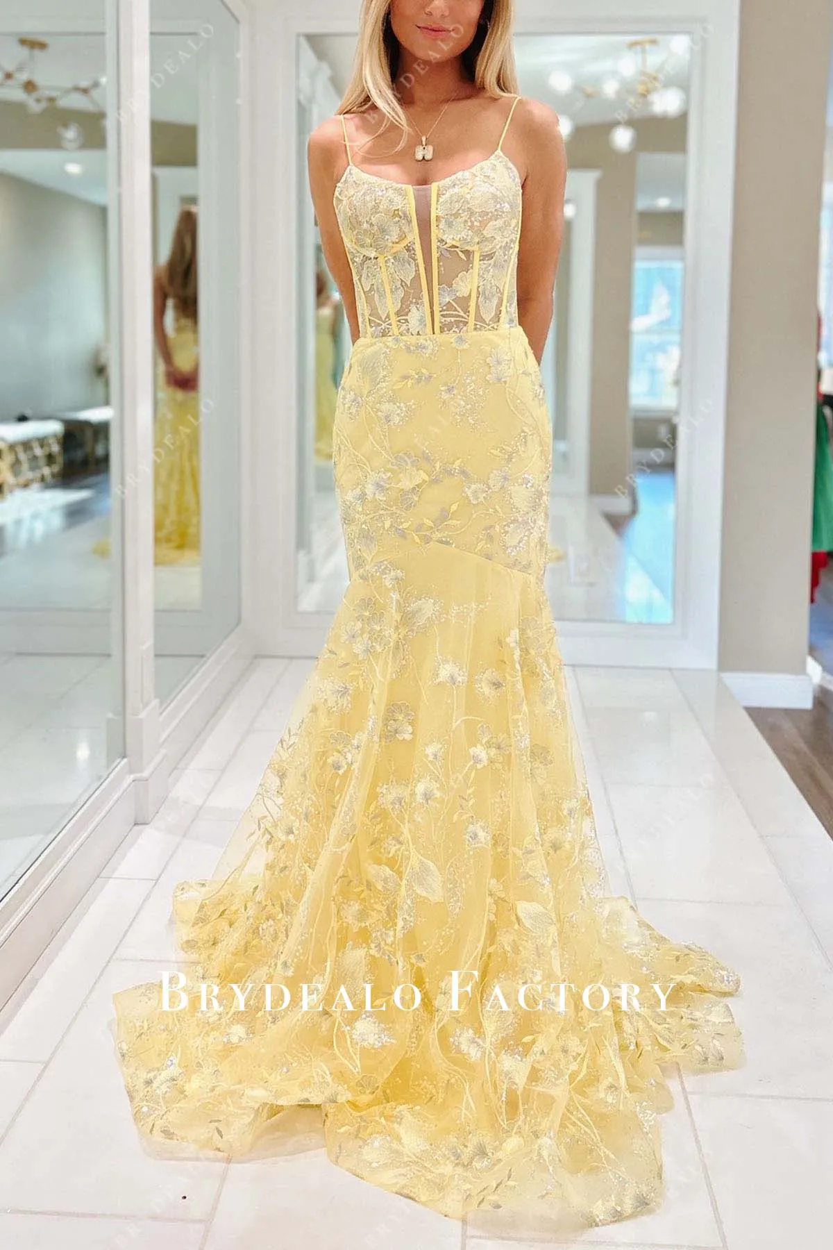 Daffodil Lace Thin Straps Corset Trumpet Prom Dress