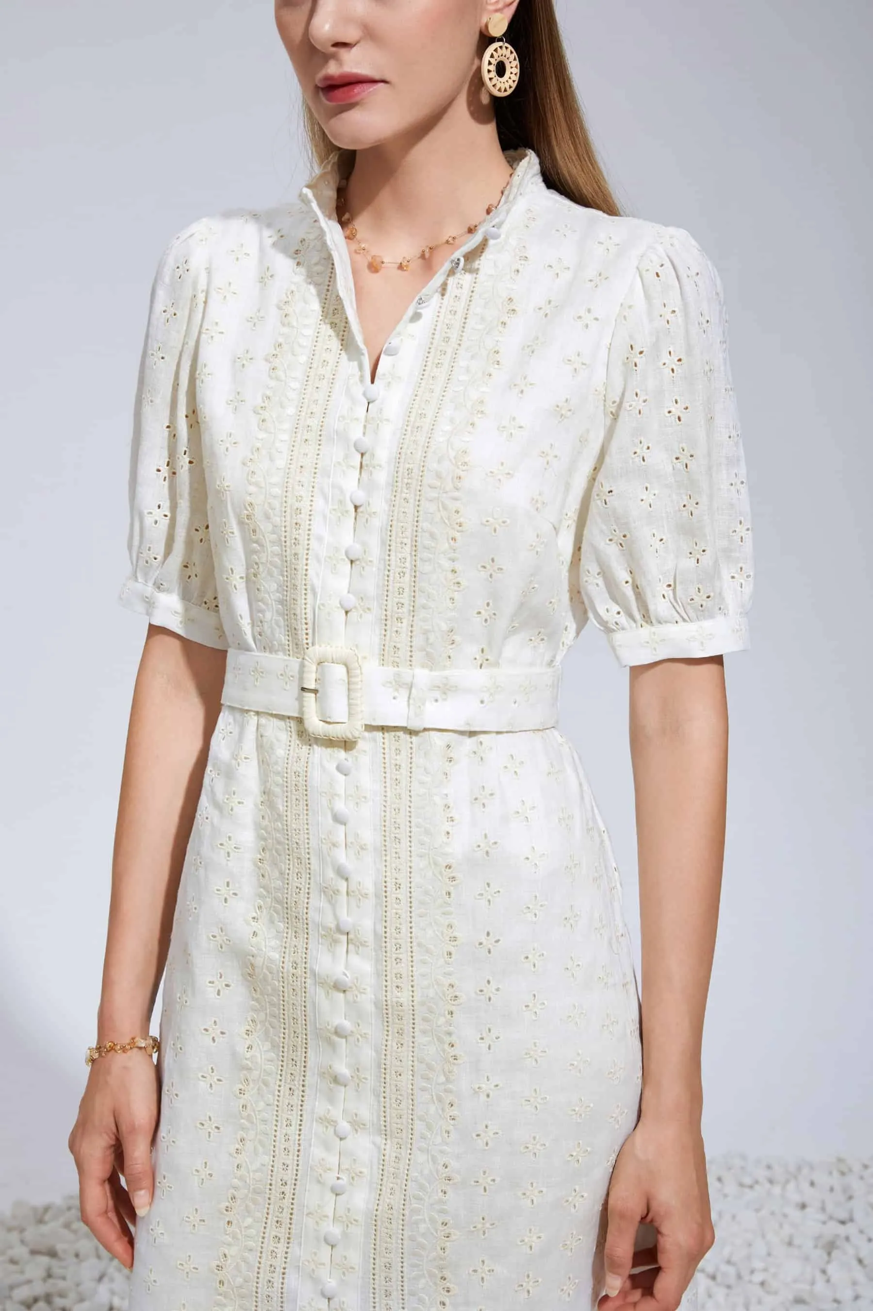 GDS Laure Embroidered Linen Dress | Cannoli Cream