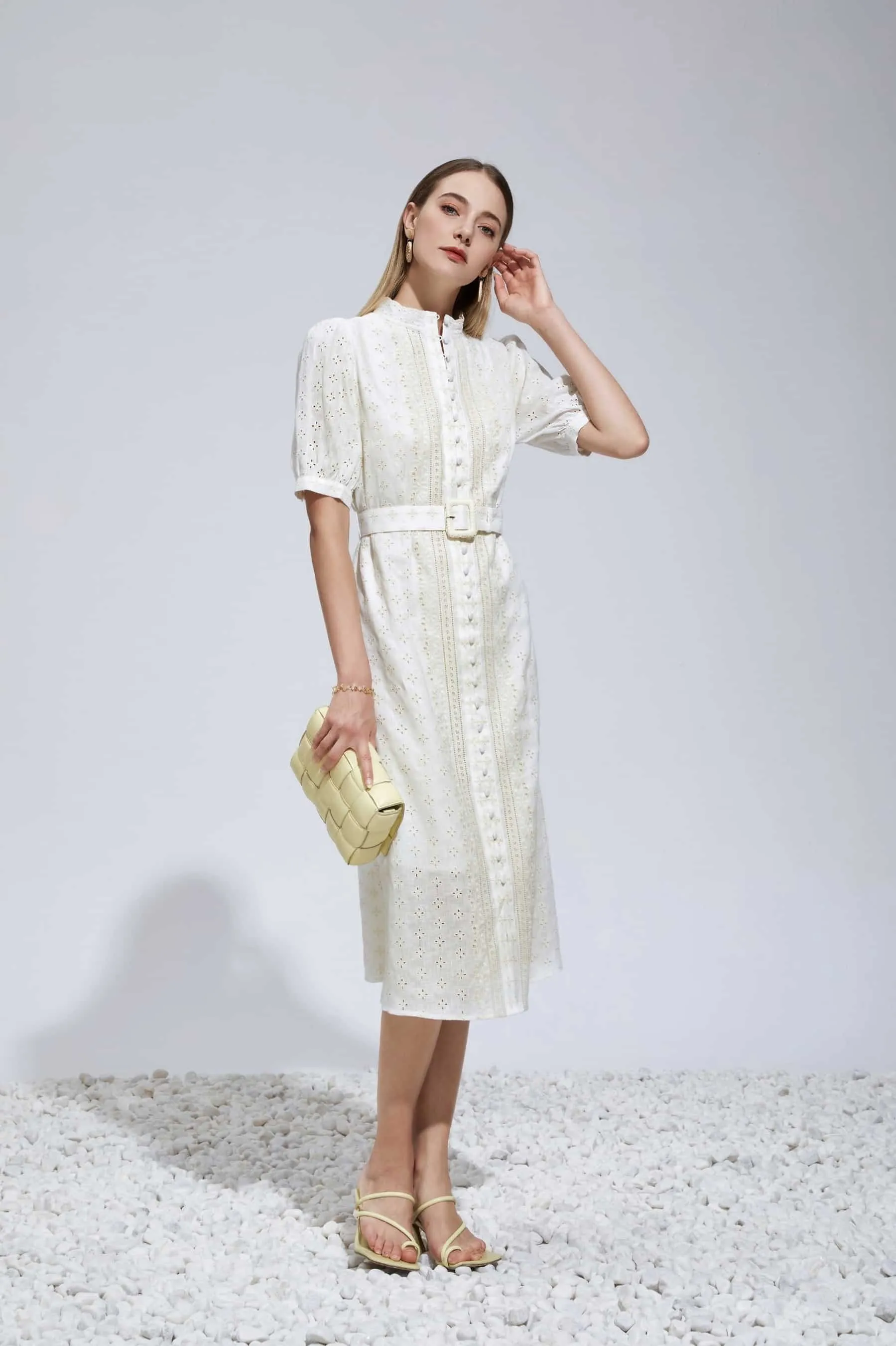 GDS Laure Embroidered Linen Dress | Cannoli Cream