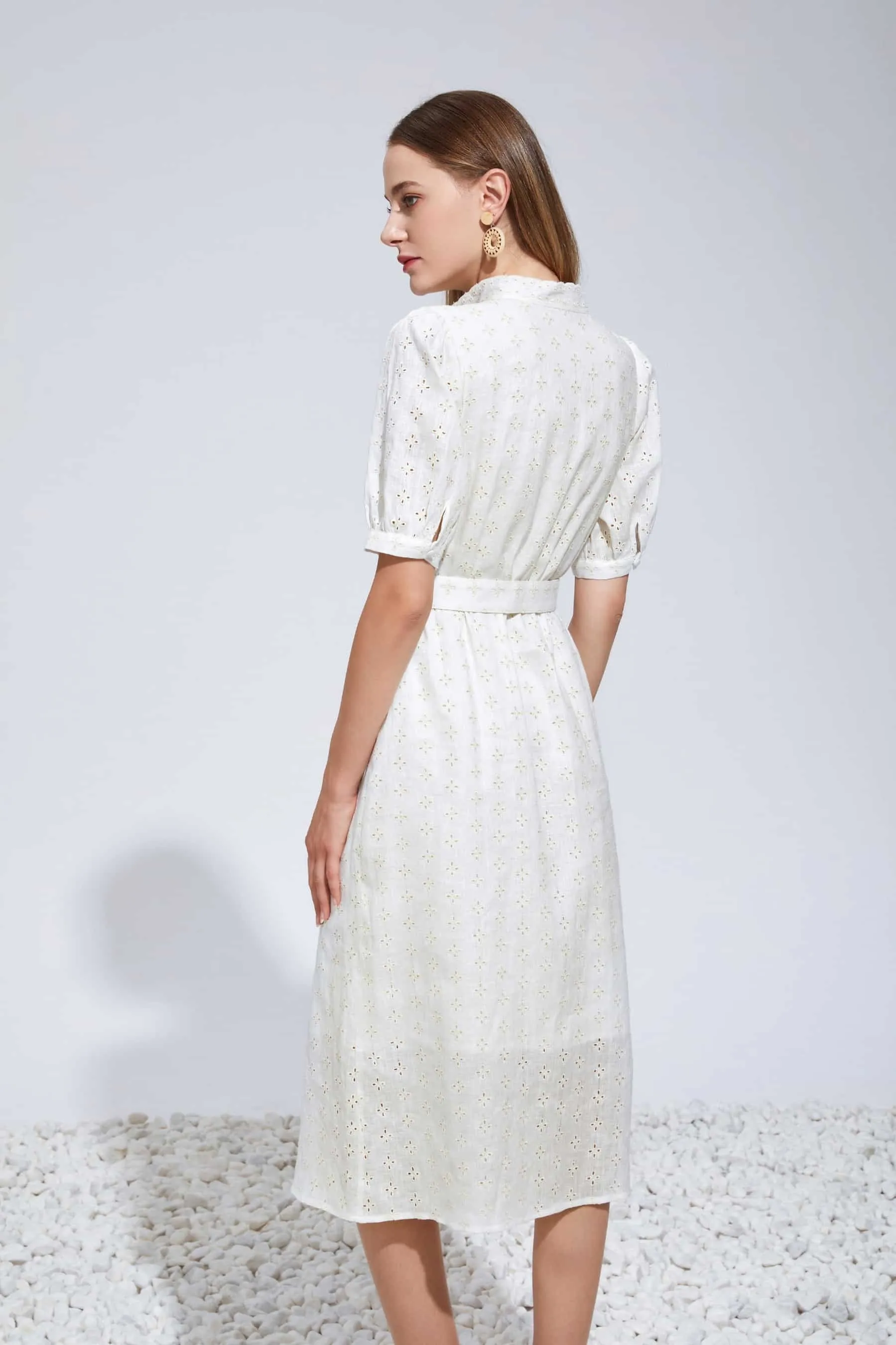 GDS Laure Embroidered Linen Dress | Cannoli Cream