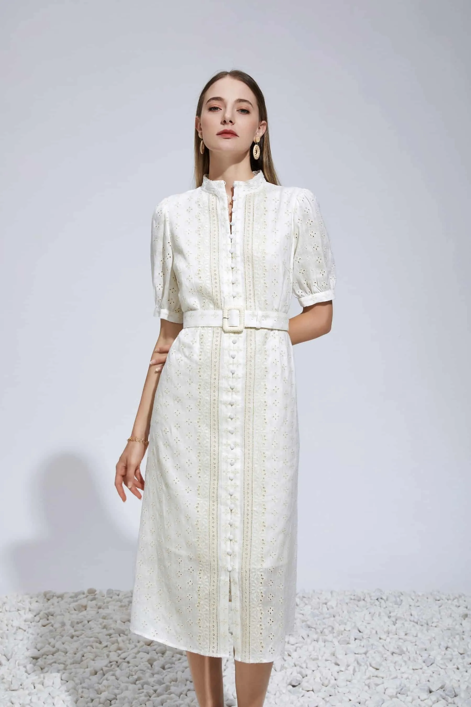 GDS Laure Embroidered Linen Dress | Cannoli Cream
