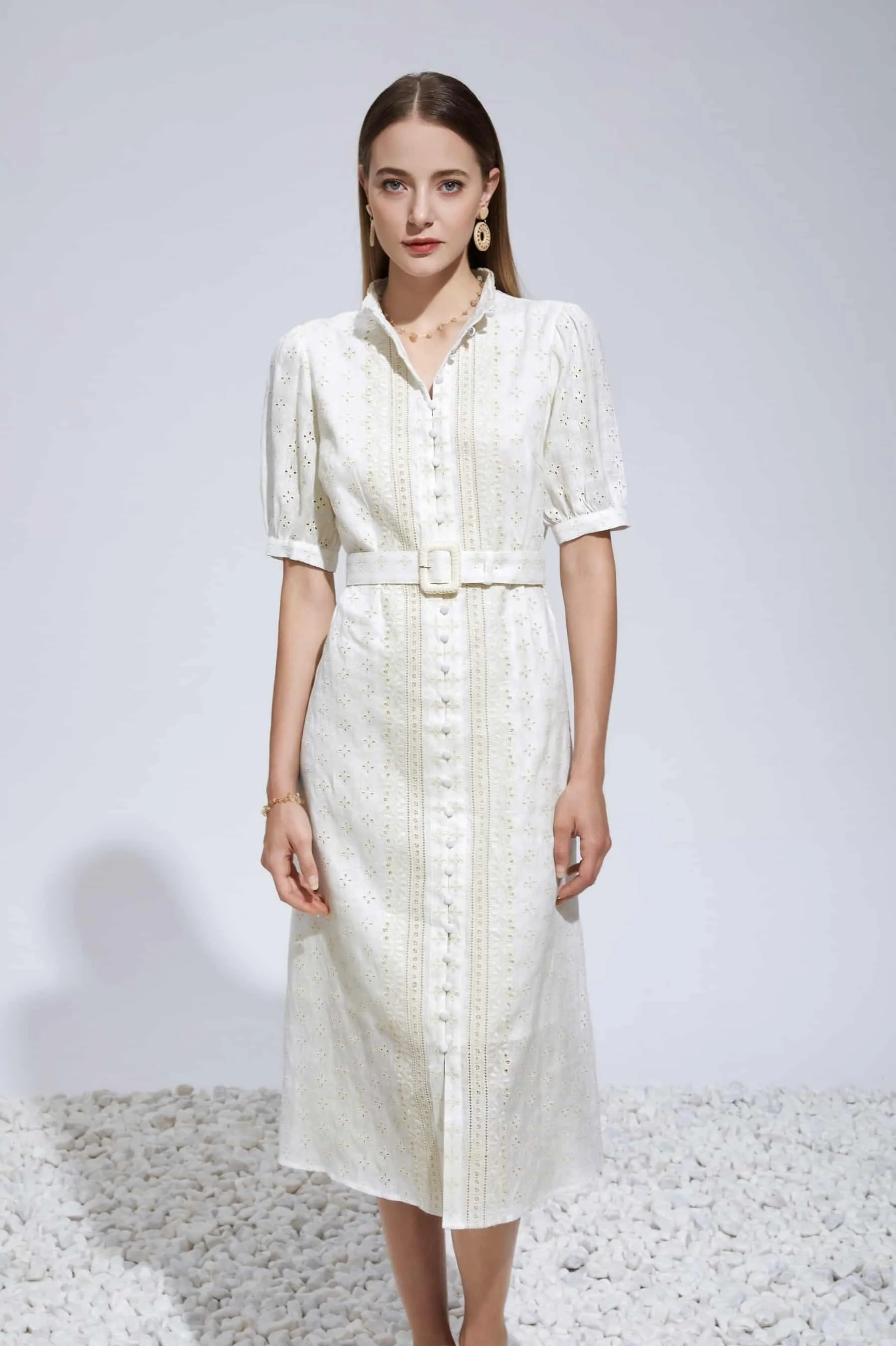 GDS Laure Embroidered Linen Dress | Cannoli Cream