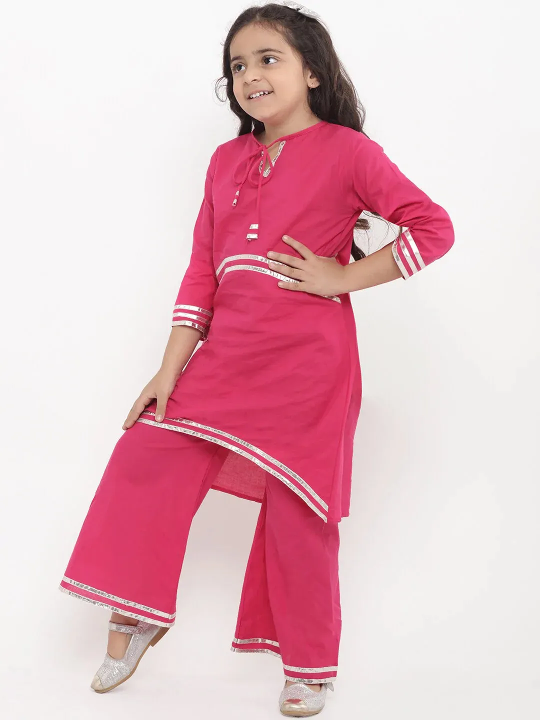 Girls Pink Striped Kurti With Palazzos
