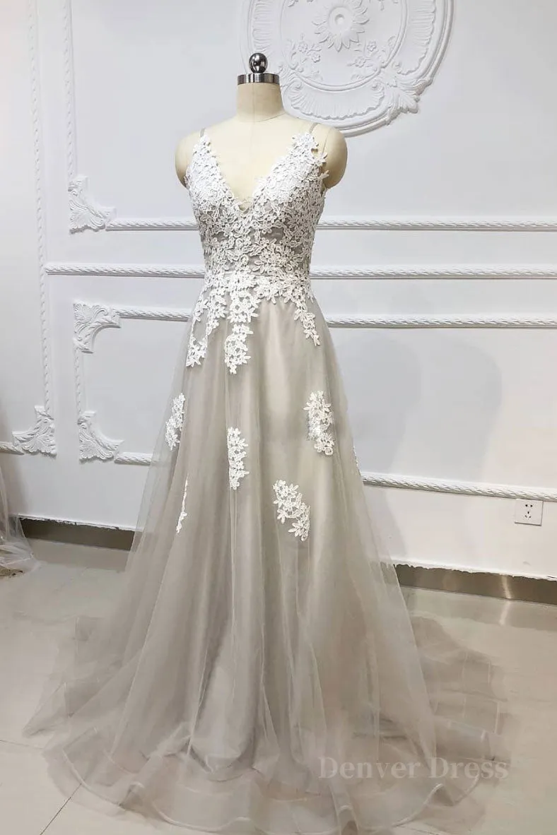 Gray v neck tulle lace long prom dress gray tulle evening dress