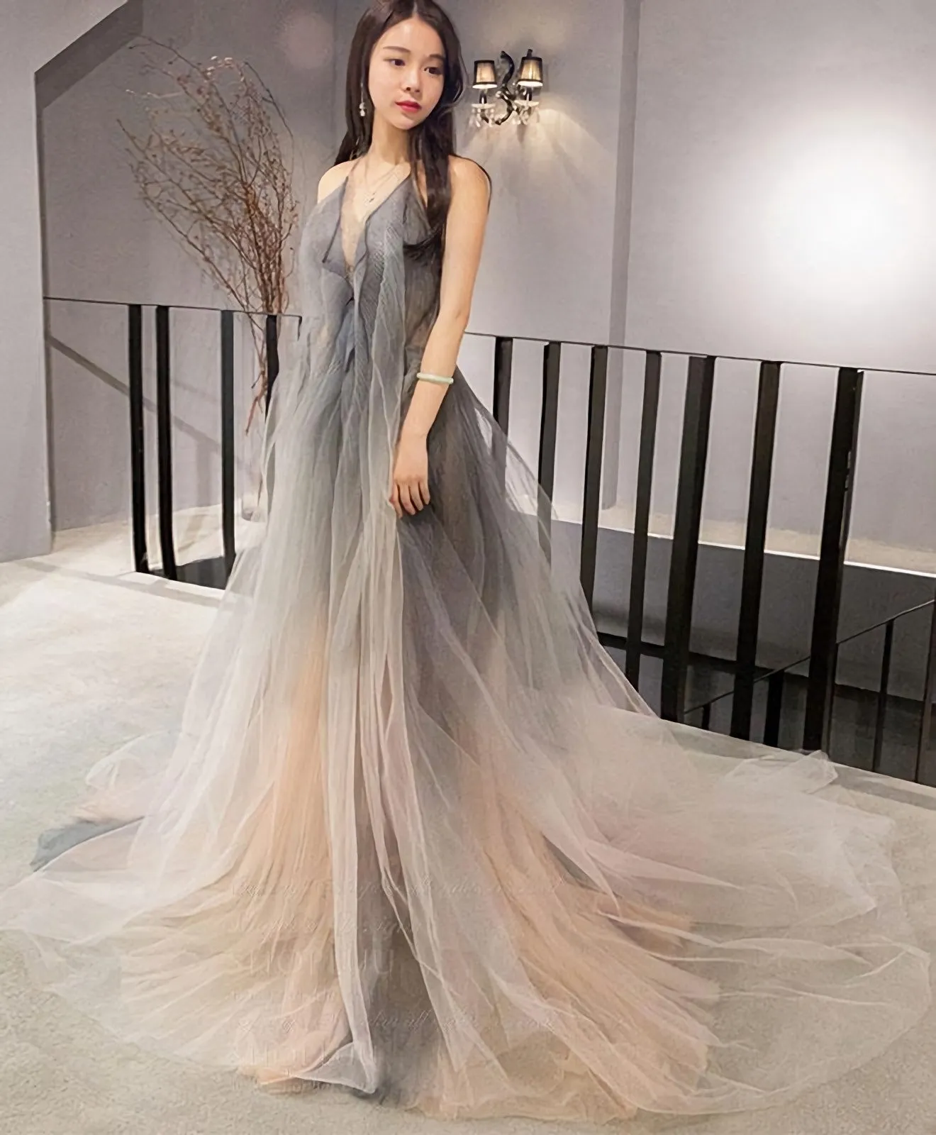 Gray V Neck Tulle Long Prom Dress Gray Tulle Evening Dress 1