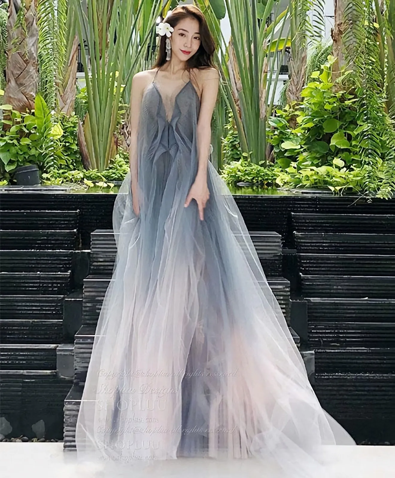 Gray V Neck Tulle Long Prom Dress Gray Tulle Evening Dress 1