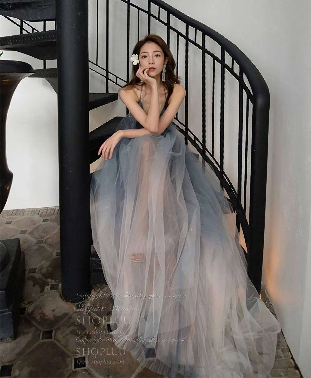Gray V Neck Tulle Long Prom Dress Gray Tulle Evening Dress 1