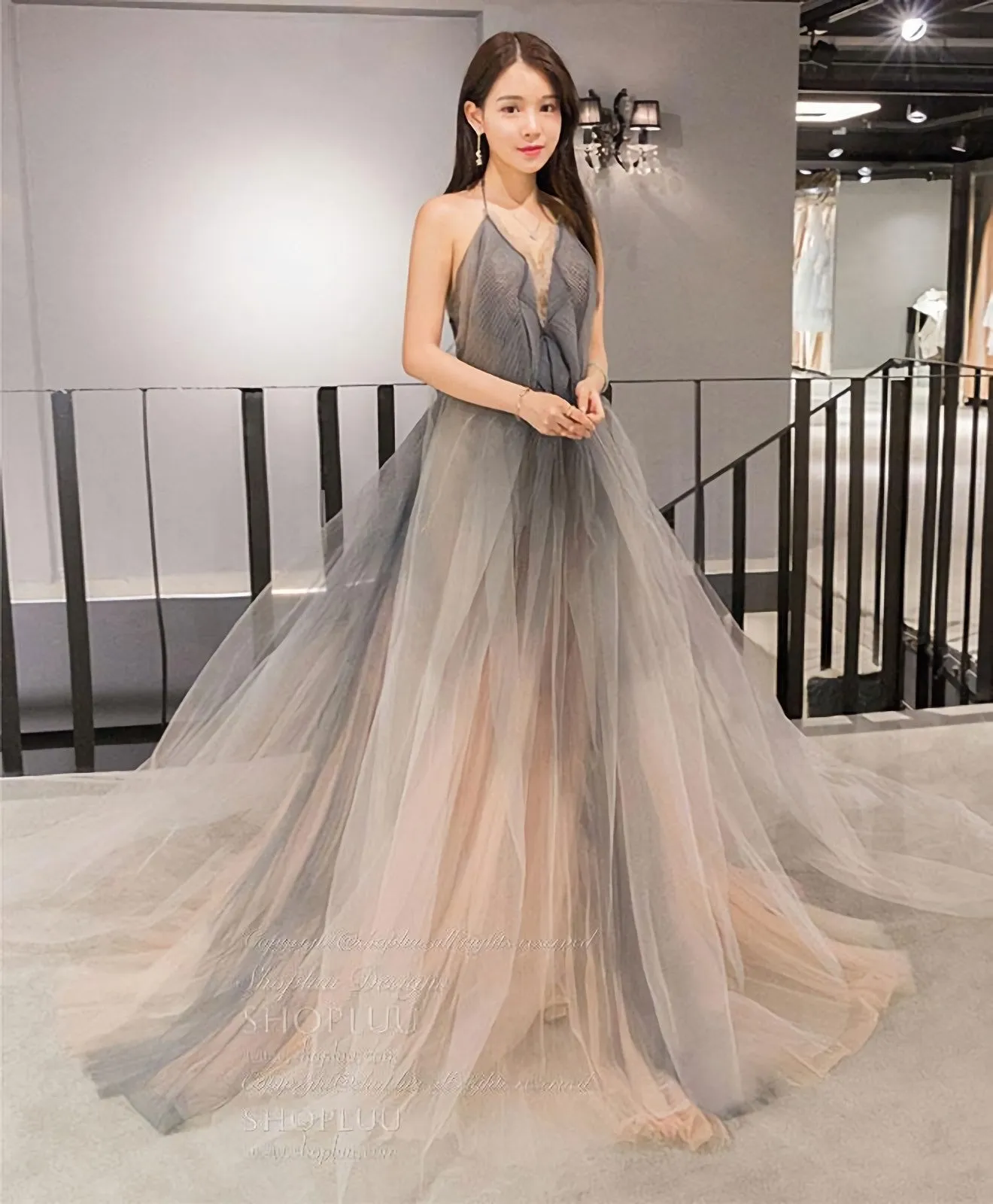 Gray V Neck Tulle Long Prom Dress Gray Tulle Evening Dress 1