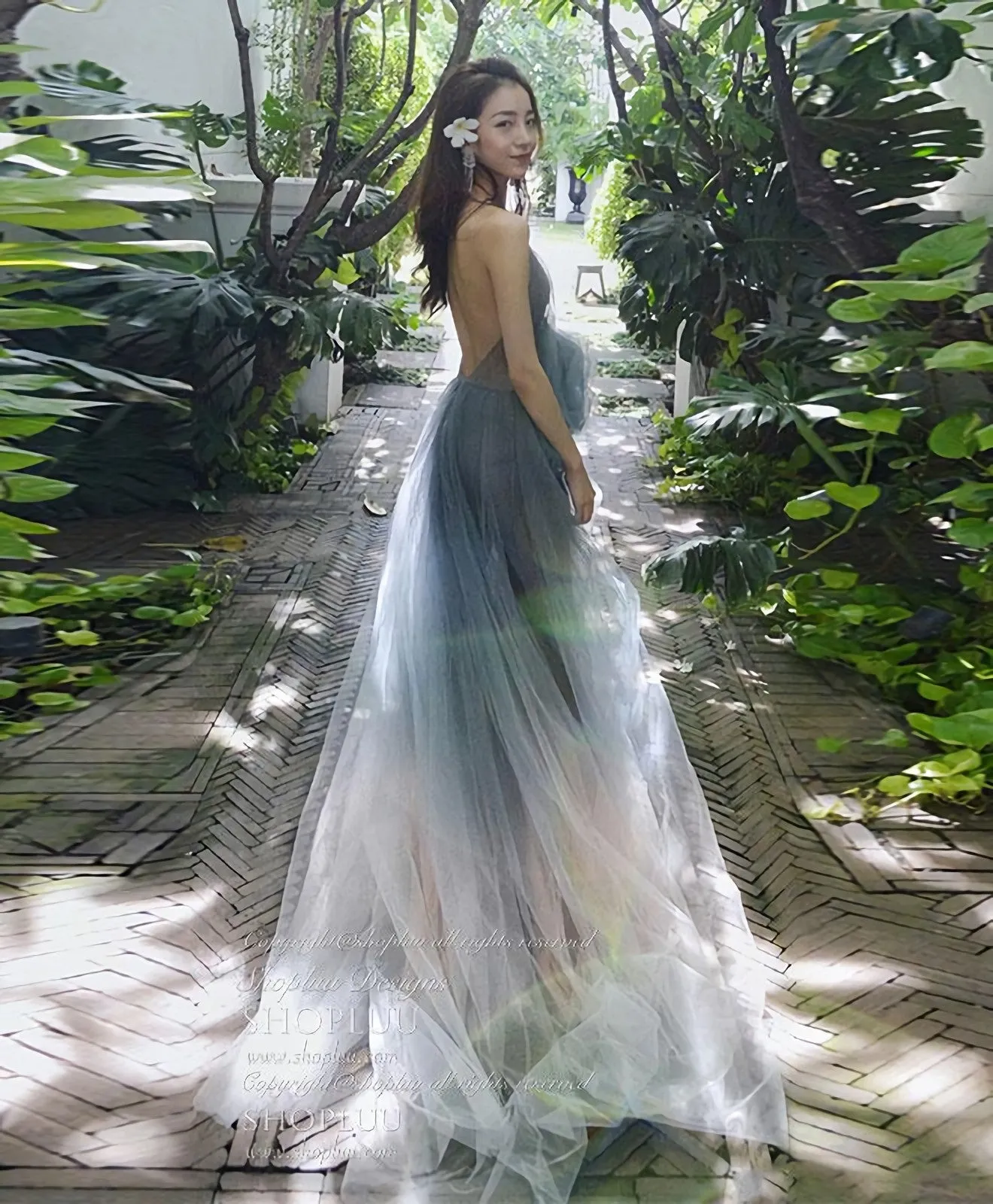 Gray V Neck Tulle Long Prom Dress Gray Tulle Evening Dress 1