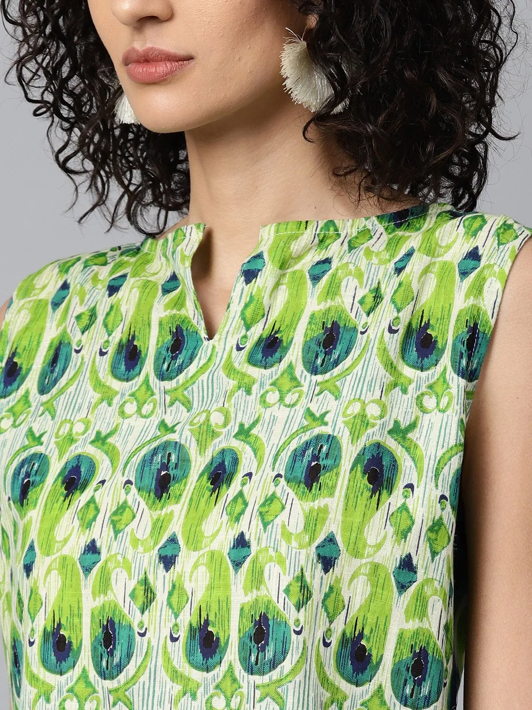Green Sleeveless Cotton Straight Kurta With Blue Printed Skirt