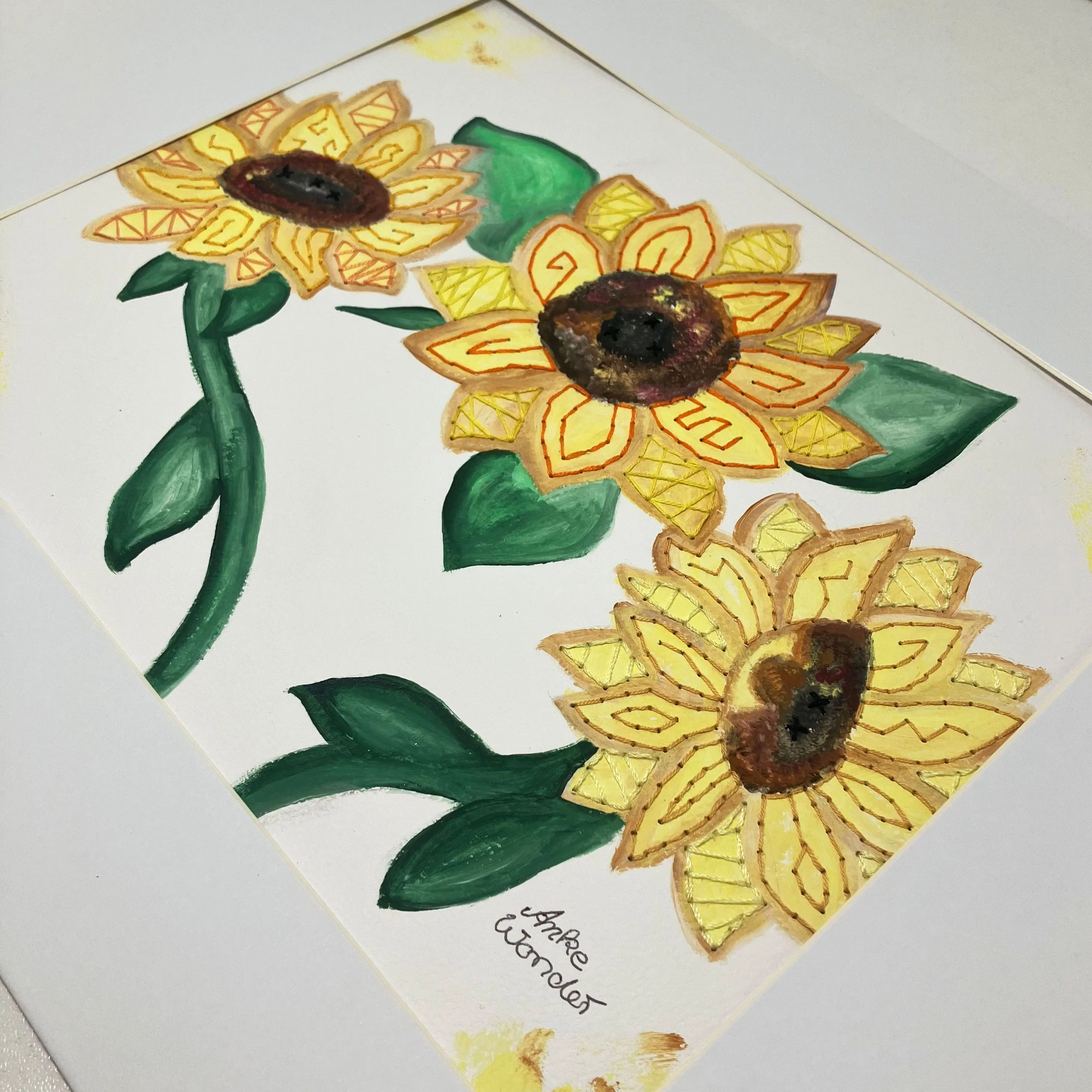 Hand-Embroidered Yellow Sunflowers Painting - Original