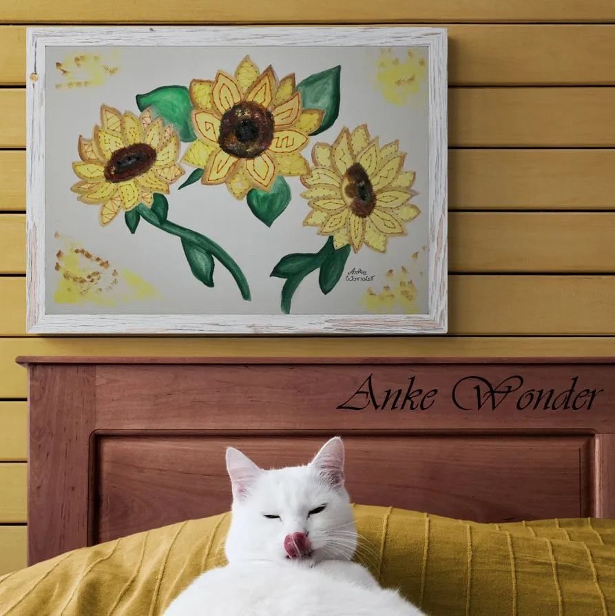 Hand-Embroidered Yellow Sunflowers Painting - Original