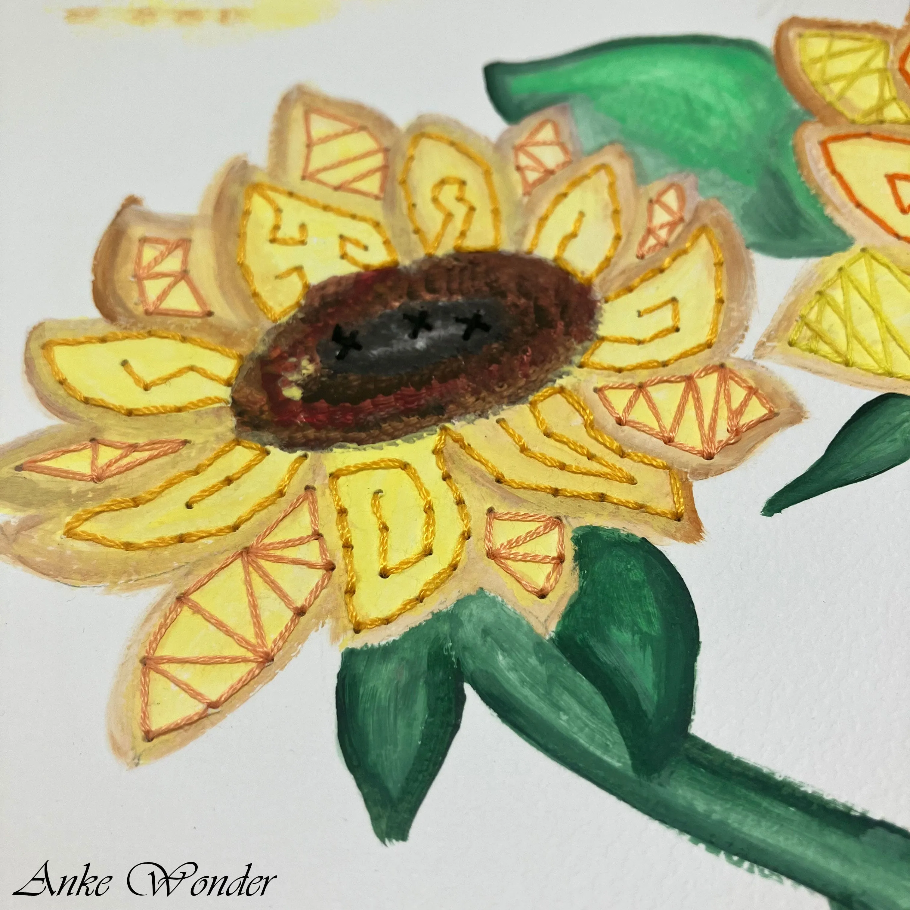 Hand-Embroidered Yellow Sunflowers Painting - Original