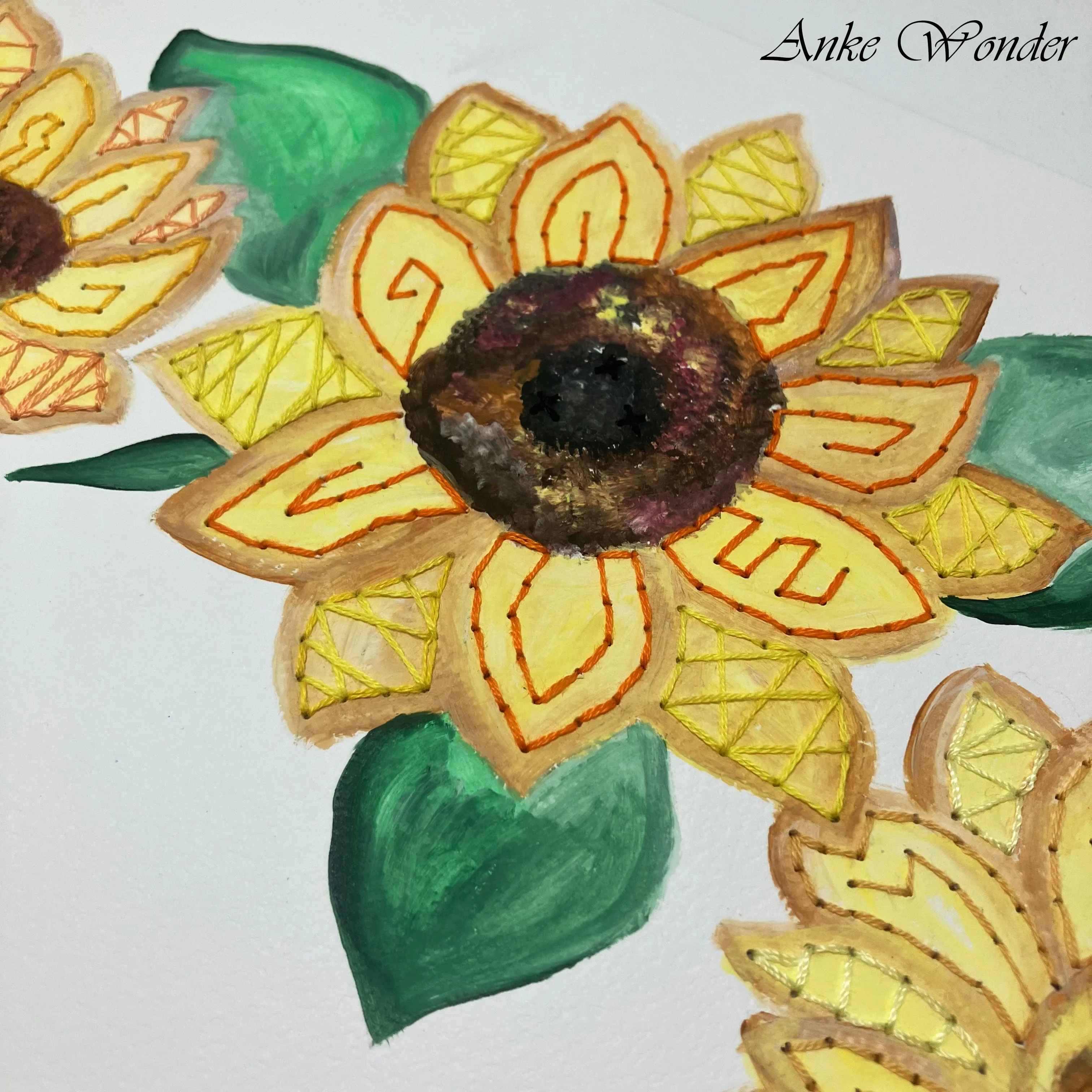Hand-Embroidered Yellow Sunflowers Painting - Original