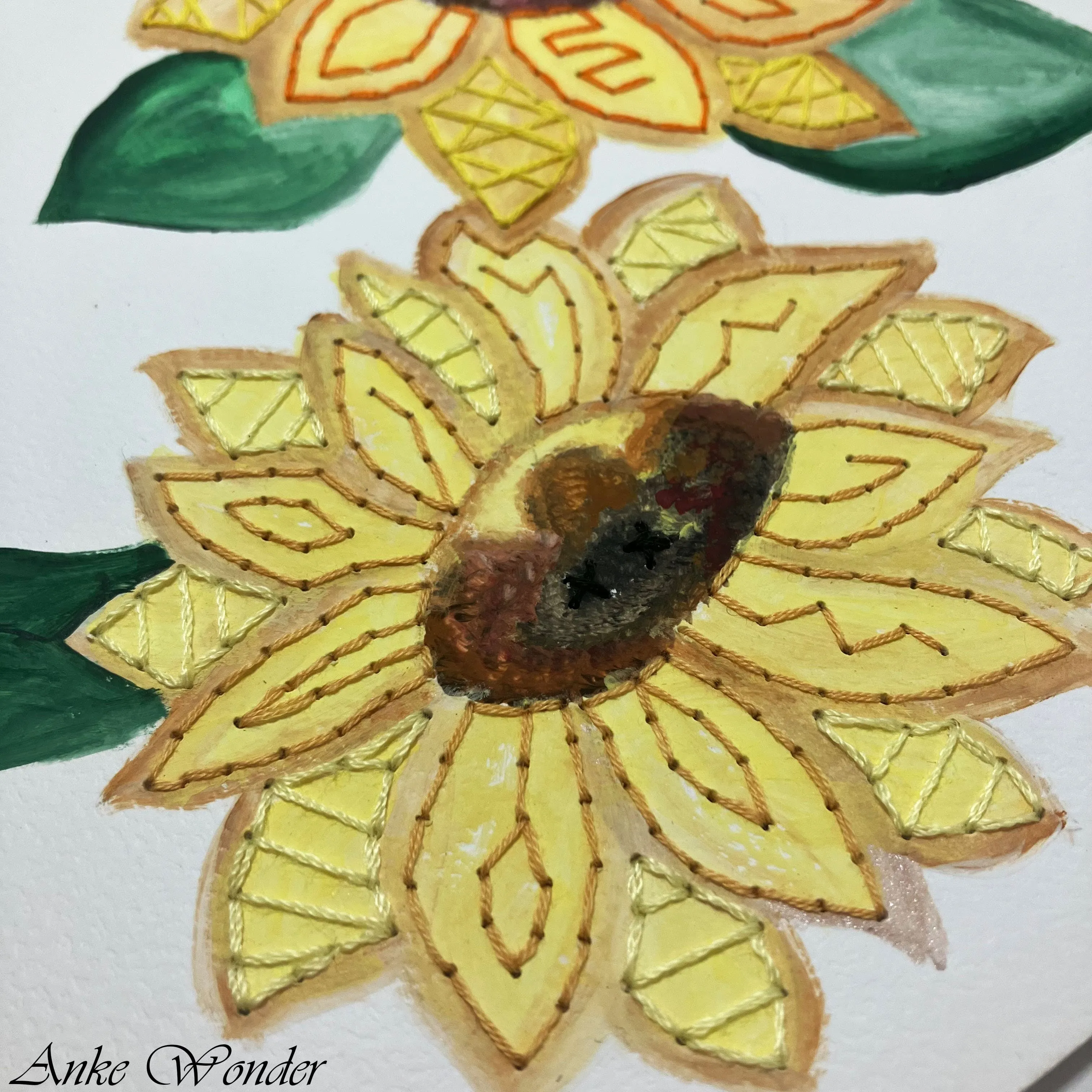 Hand-Embroidered Yellow Sunflowers Painting - Original