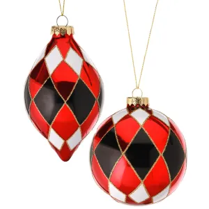 Harlequin Glass Ornaments - Red/Black/White, 4-5"