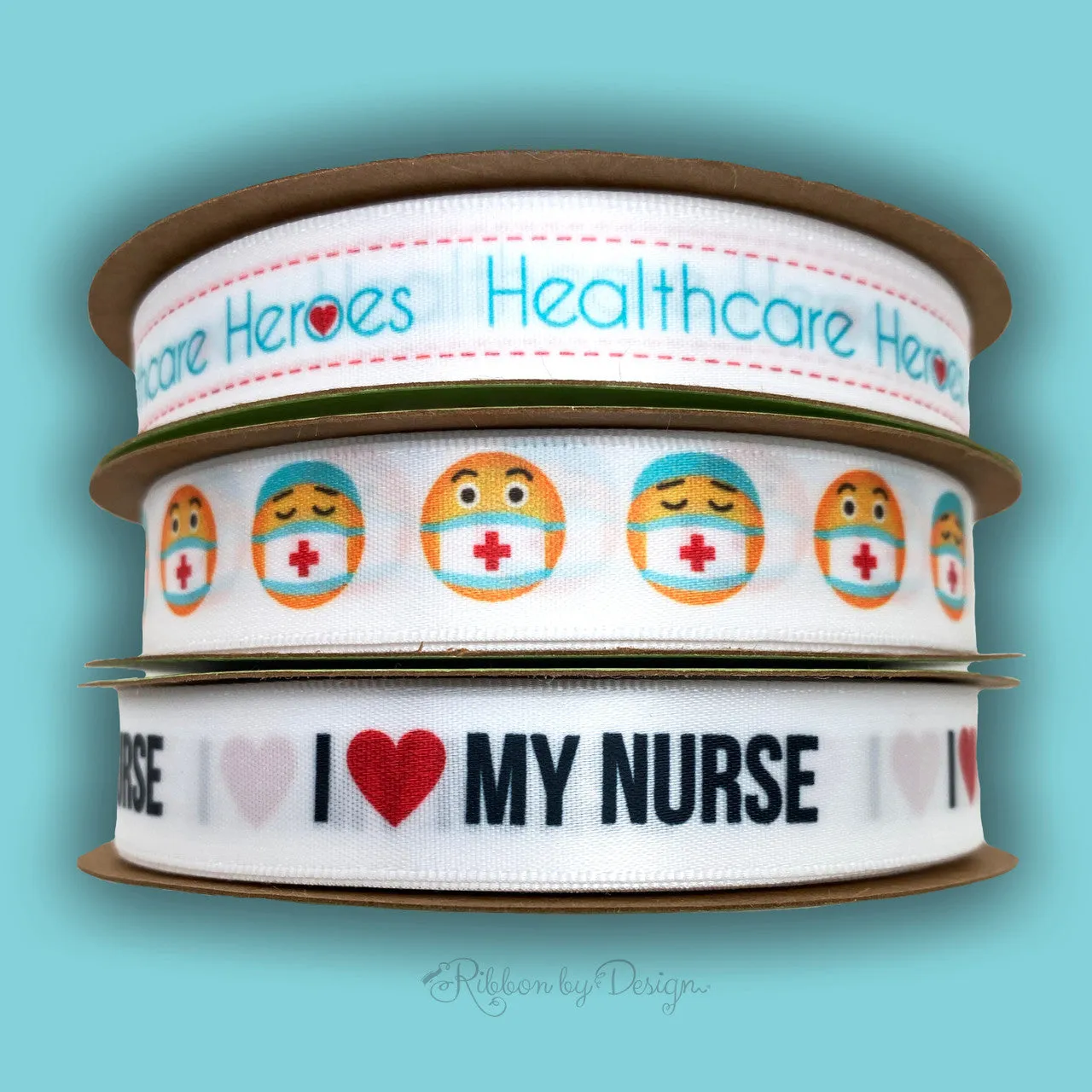 I ( Heart) my Nurse ribbon in black lettering with red heart printed on 5/8" white single face satin