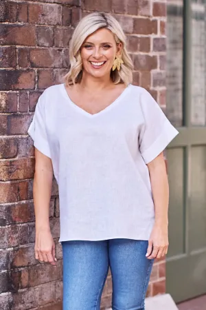 Jessica Pure Linen V-Neck Top White