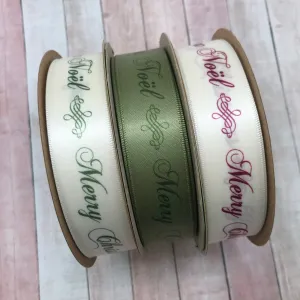 Joyeux Noel, Merry Christmas Ribbon in ruby red on 7/8" Antique White Single Face Satin ribbon