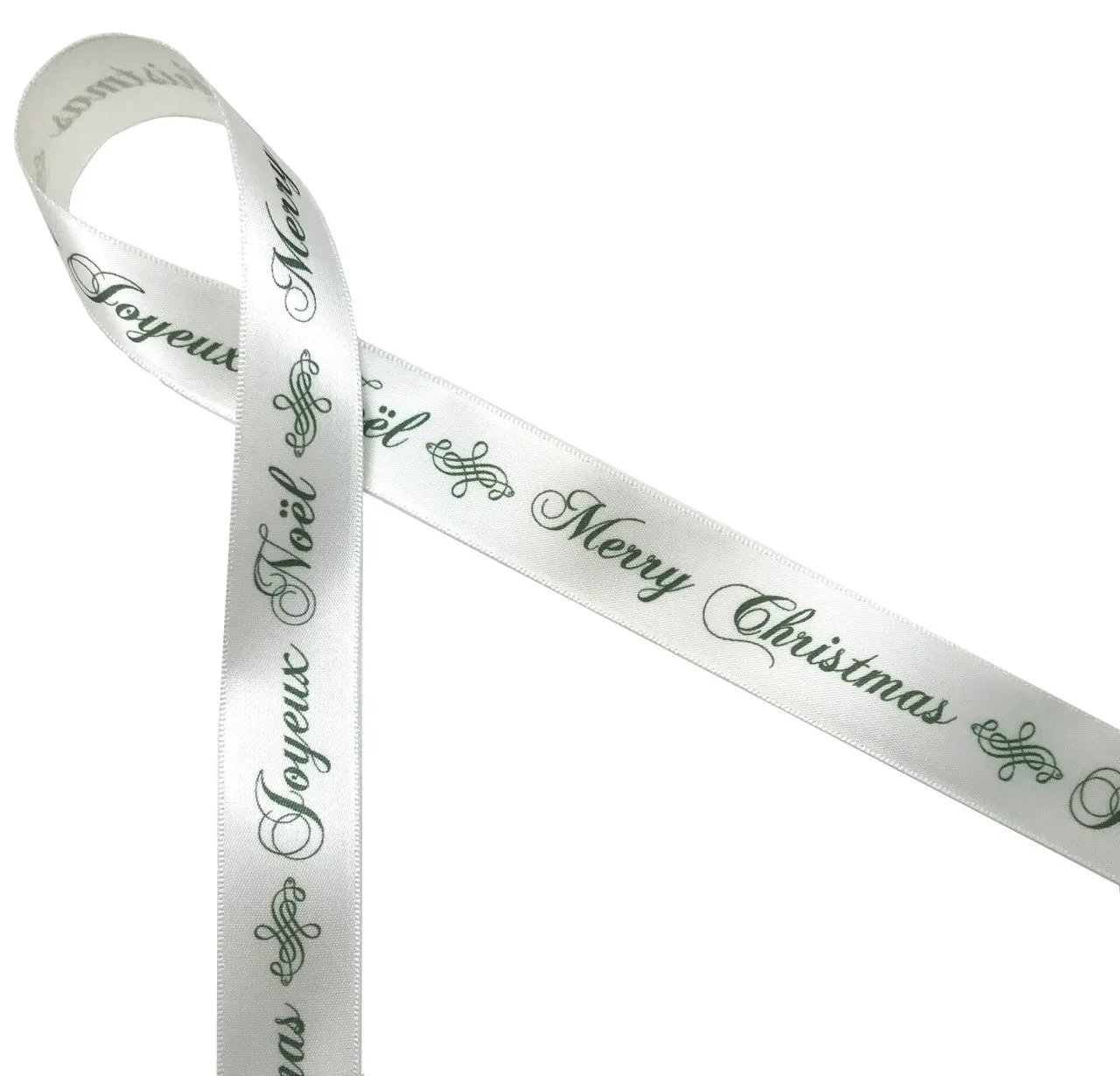 Joyeux Noel, Merry Christmas Ribbon in ruby red on 7/8" Antique White Single Face Satin ribbon