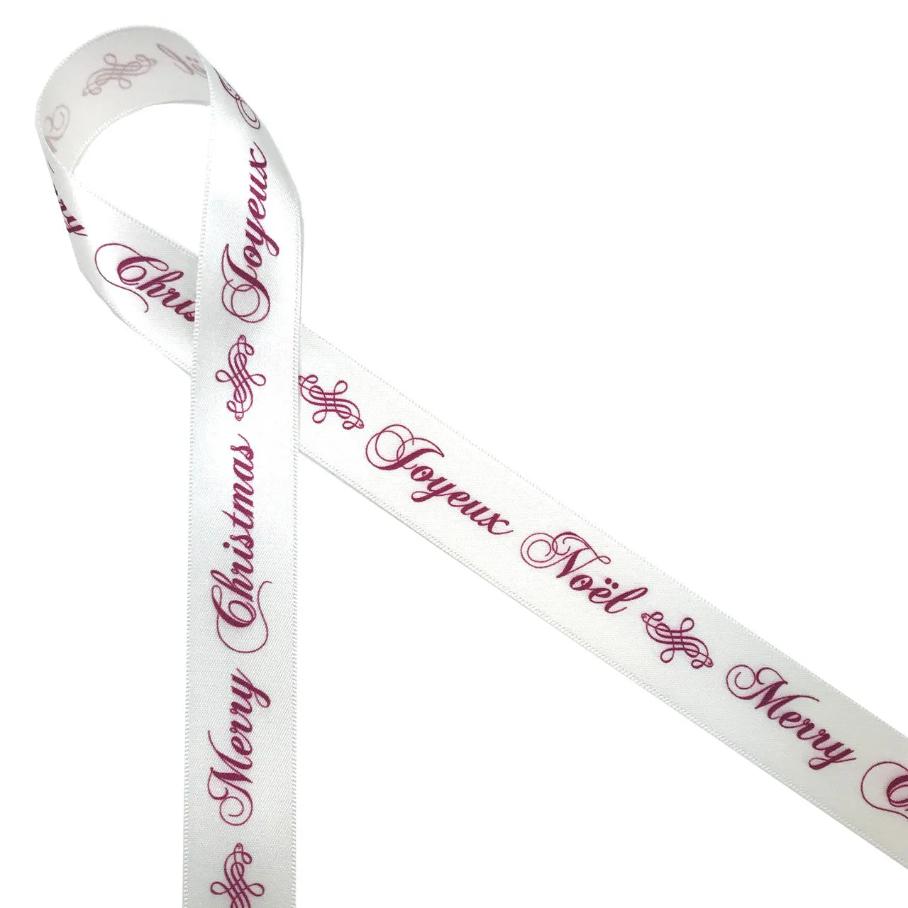 Joyeux Noel, Merry Christmas Ribbon in ruby red on 7/8" Antique White Single Face Satin ribbon