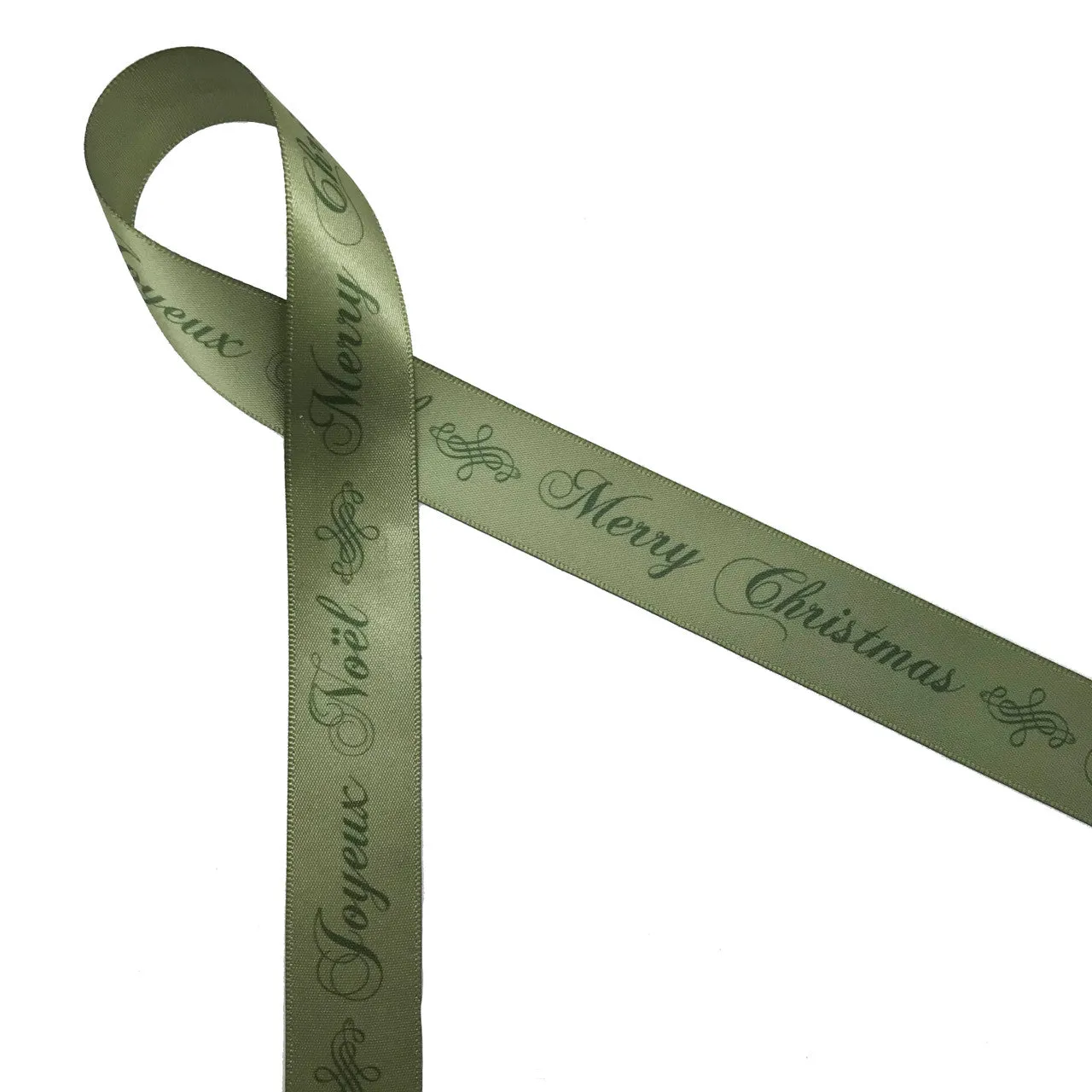 Joyeux Noel, Merry Christmas Ribbon in ruby red on 7/8" Antique White Single Face Satin ribbon