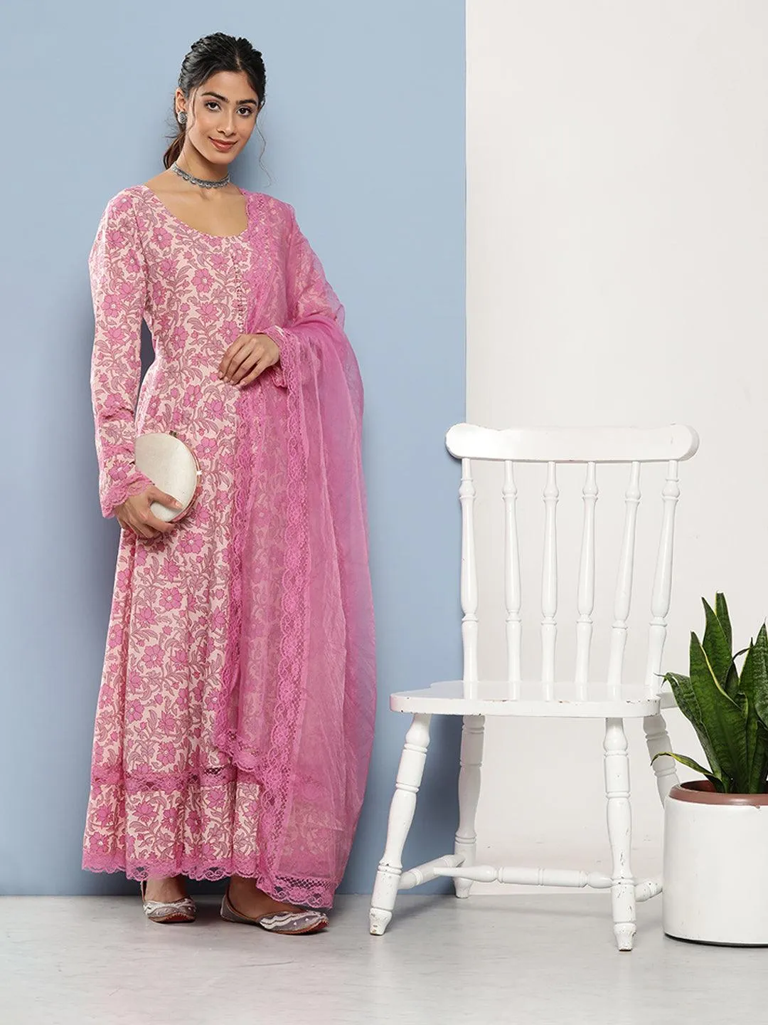 Lilac Floral Printed Anarkali Kurta Pant Set With Dupatta