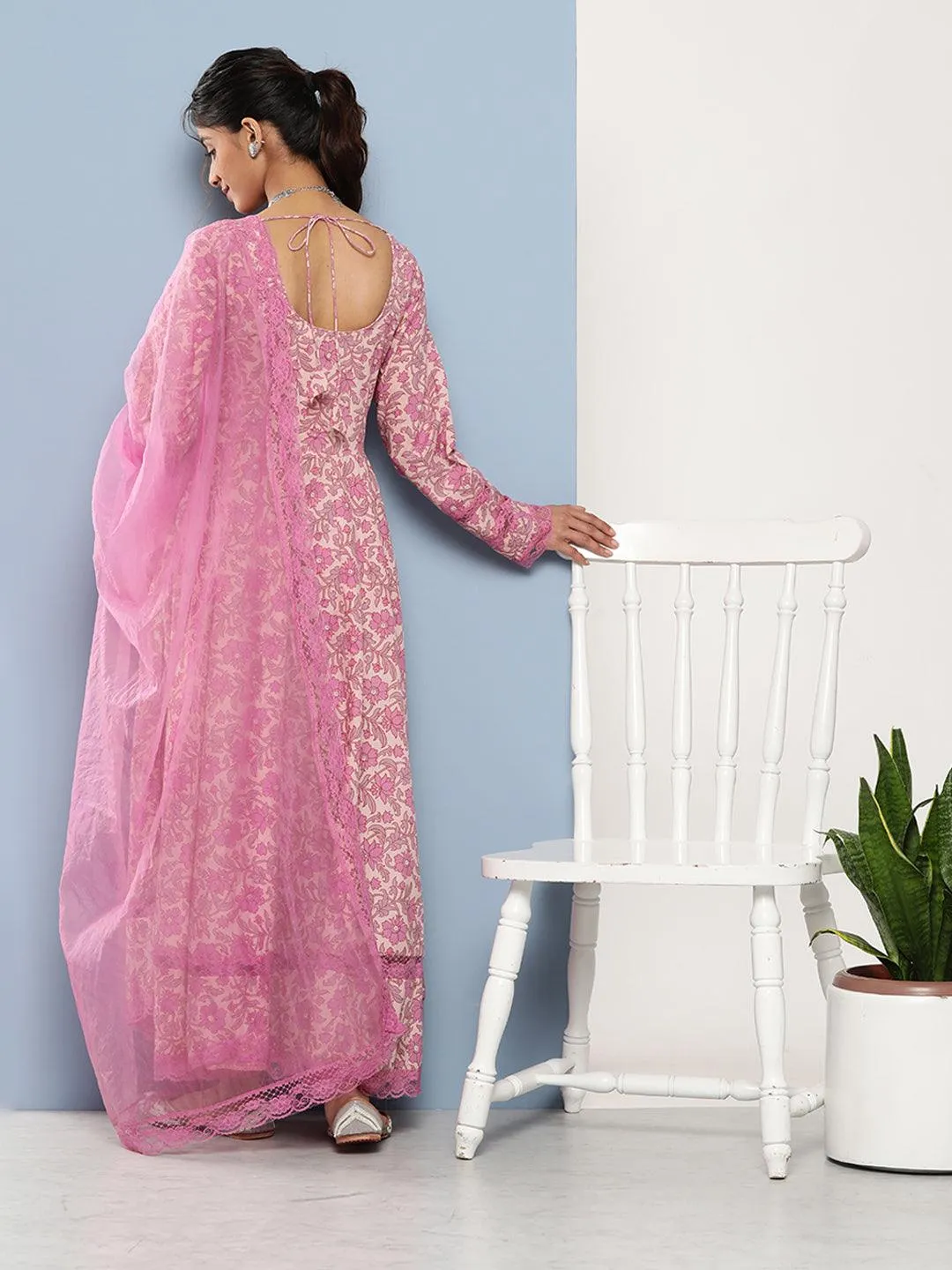 Lilac Floral Printed Anarkali Kurta Pant Set With Dupatta